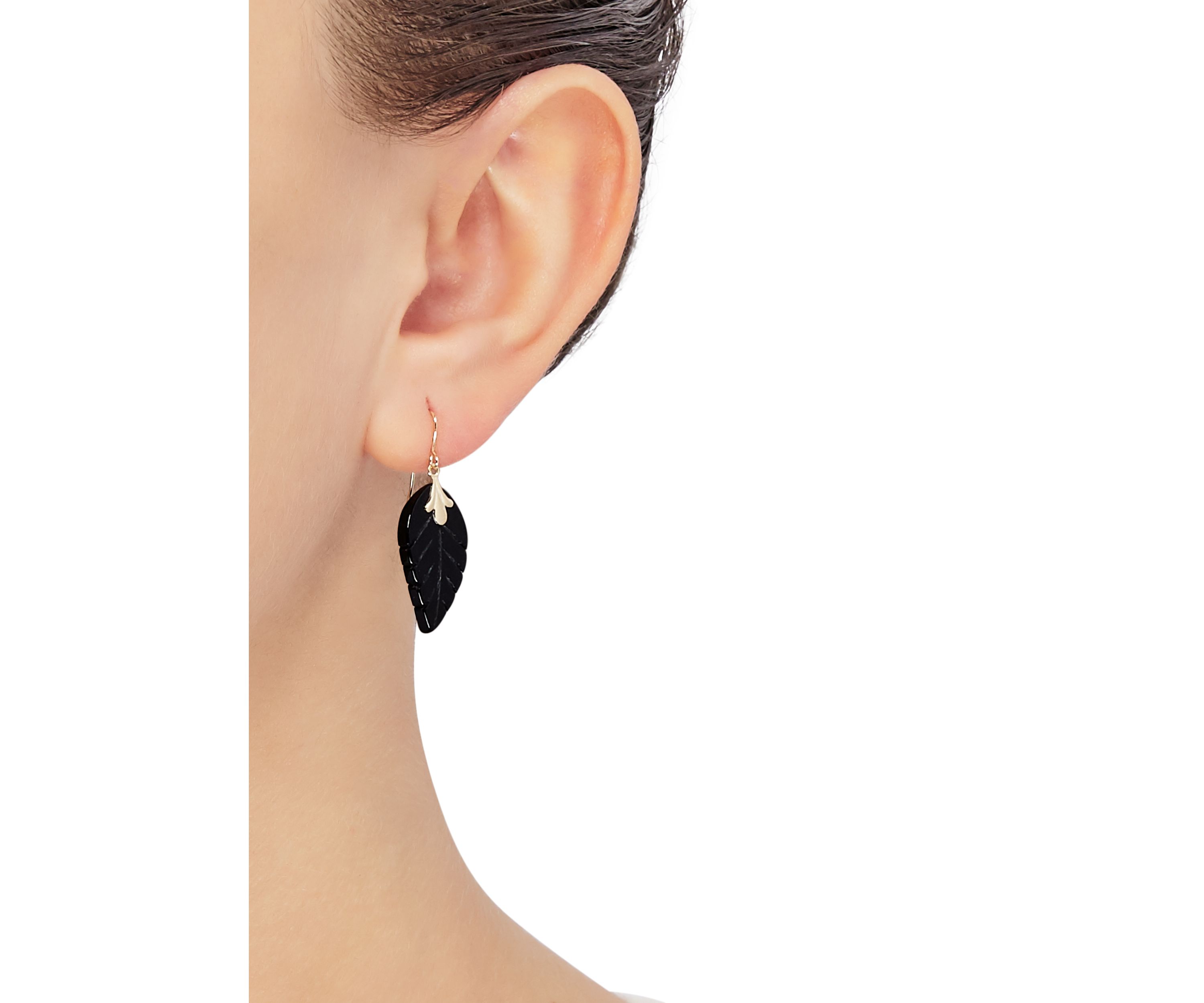 Onyx Leaf Earrings in 10K Yellow Gold