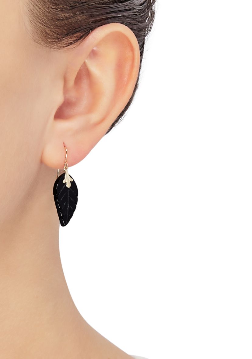 Onyx Leaf Earrings in 10K Yellow Gold