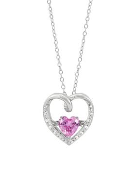 Belk & Co Lab Grown Pink Sapphire and Lab Grown White Sapphire Heart Dancing Pendant with 18" Cable Chain in Sterling Silver, 18 in