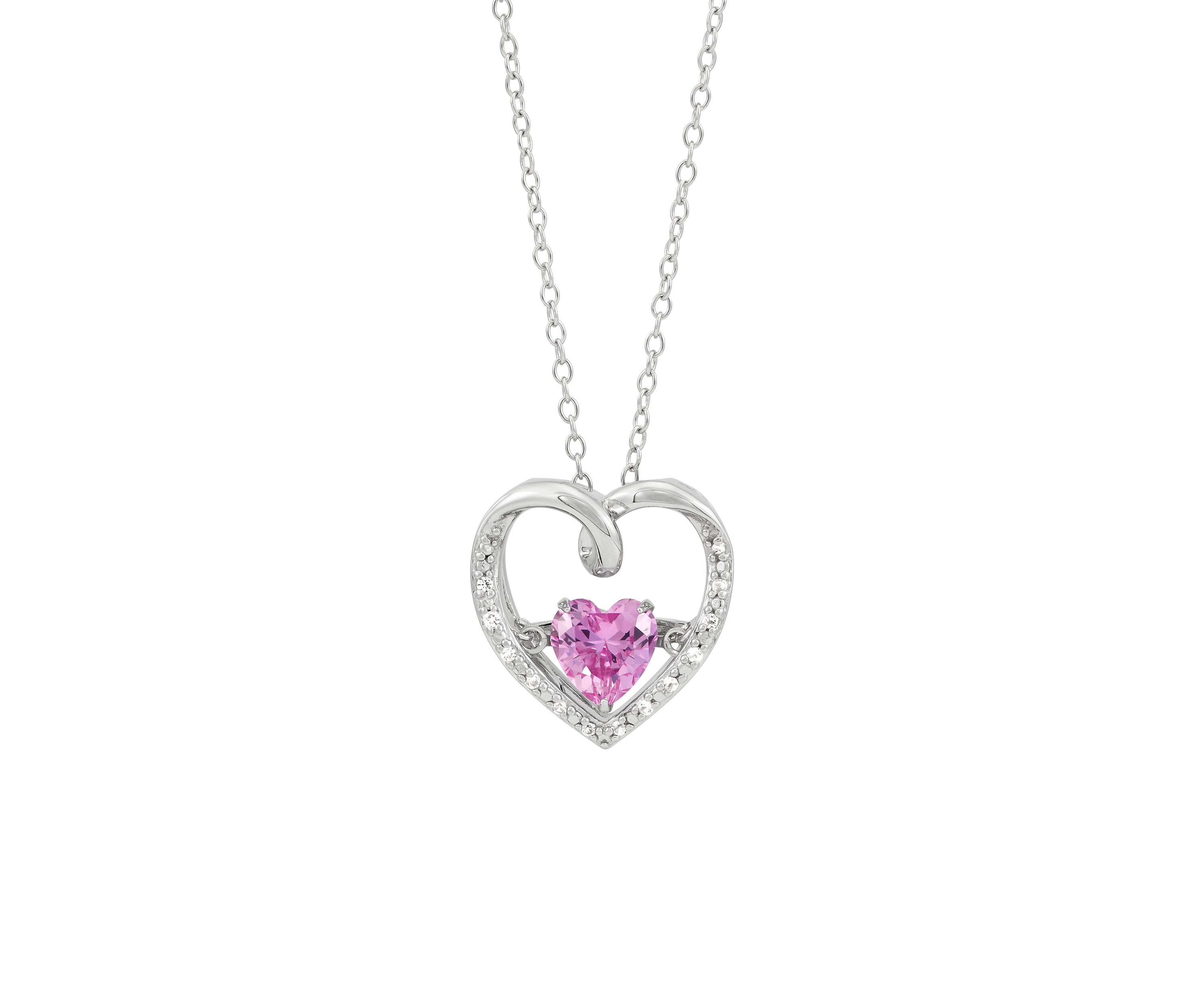 Lab Grown Pink Sapphire and Lab Grown White Sapphire Heart Dancing Pendant with 18" Cable Chain in Sterling Silver