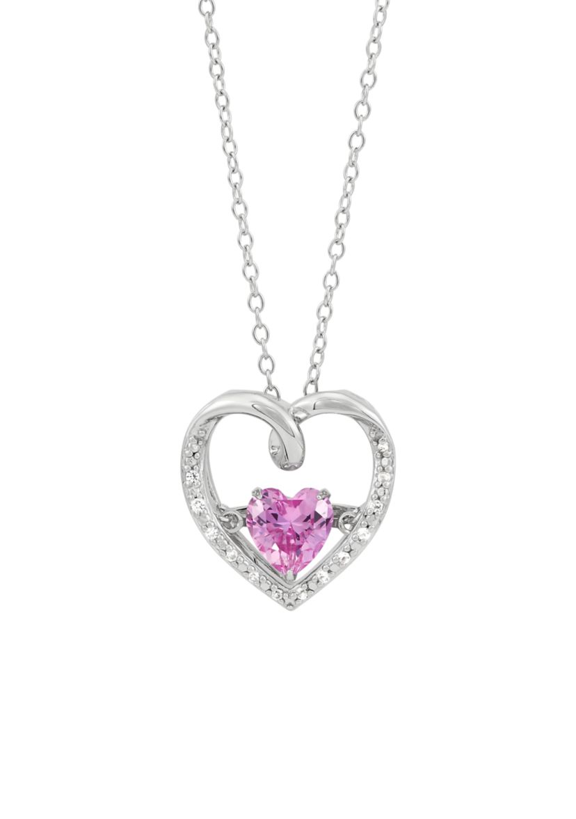 Lab Grown Pink Sapphire and Lab Grown White Sapphire Heart Dancing Pendant with 18" Cable Chain in Sterling Silver