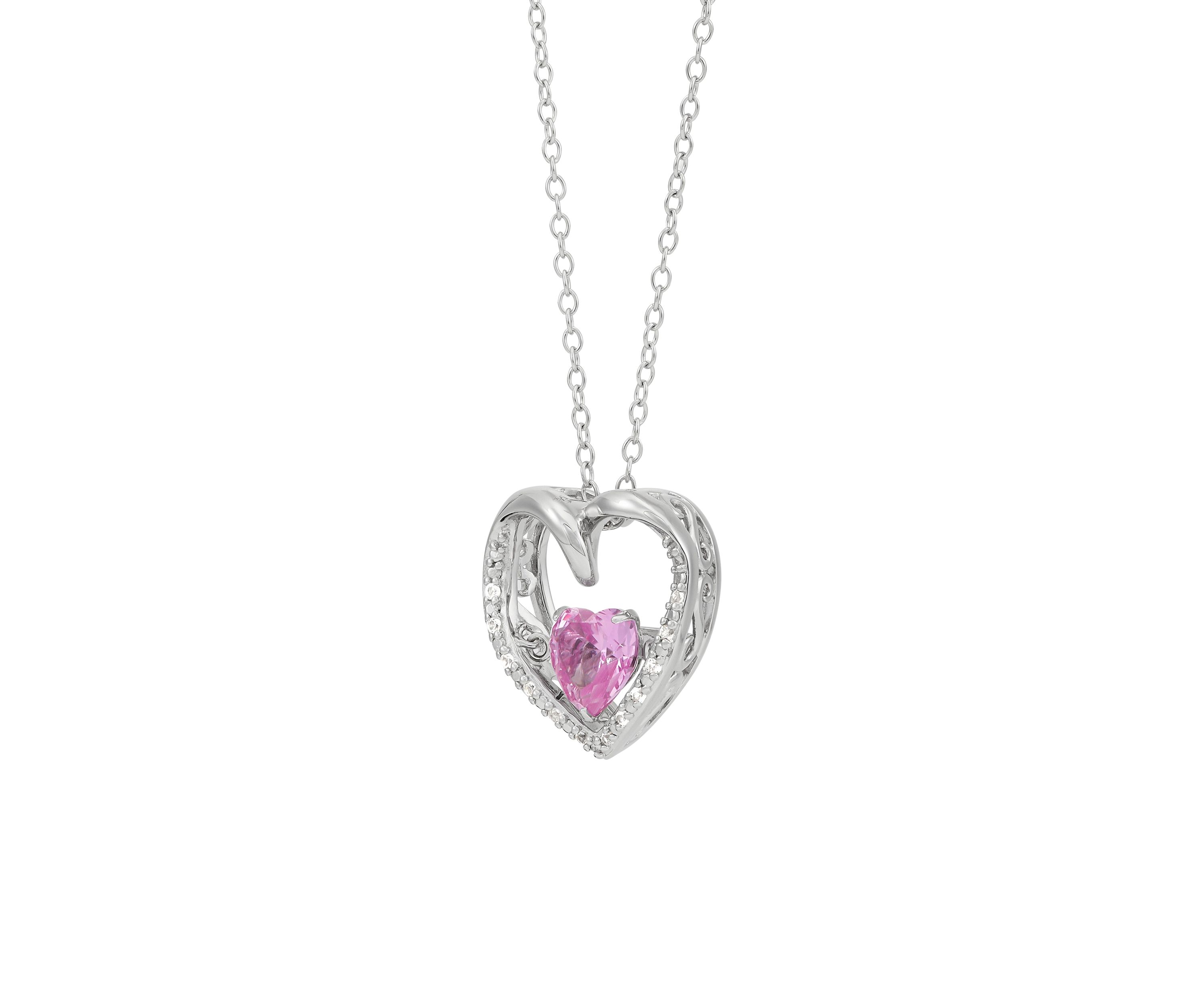 Lab Grown Pink Sapphire and Lab Grown White Sapphire Heart Dancing Pendant with 18" Cable Chain in Sterling Silver
