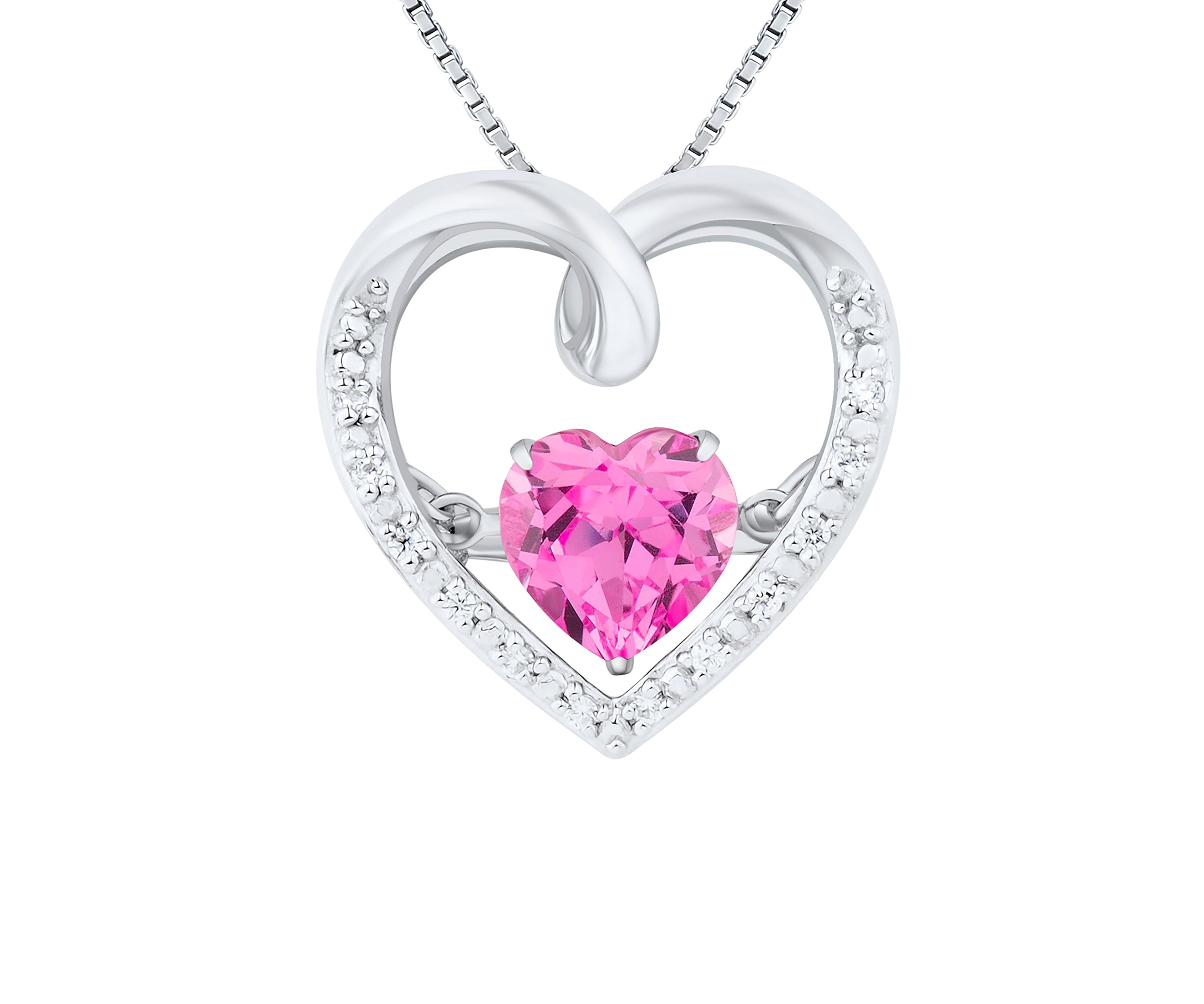 Lab Grown Pink Sapphire and Lab Grown White Sapphire Heart Dancing Pendant with 18" Cable Chain in Sterling Silver