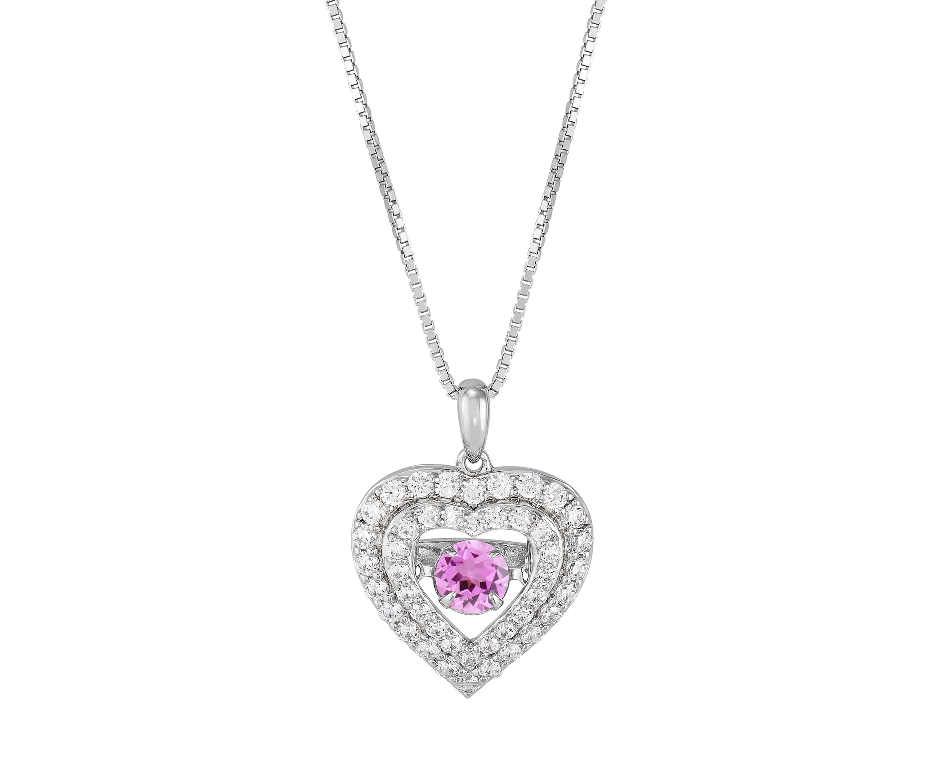 Lab Grown Pink Sapphire and Lab Grown White Sapphire Heart Pendant Necklace with 18" Cable Chain in Sterling Silver