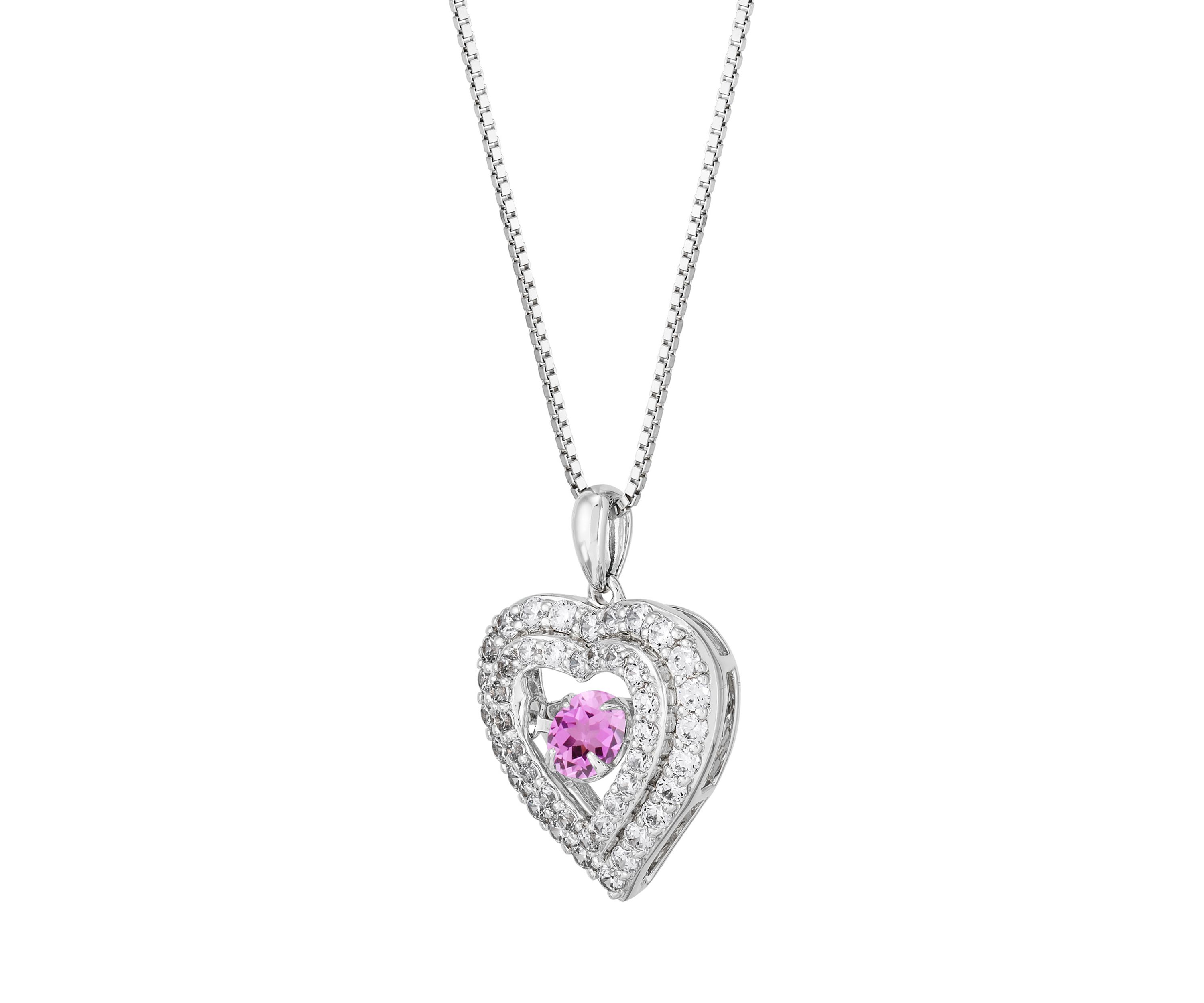Lab Grown Pink Sapphire and Lab Grown White Sapphire Heart Pendant Necklace with 18" Cable Chain in Sterling Silver