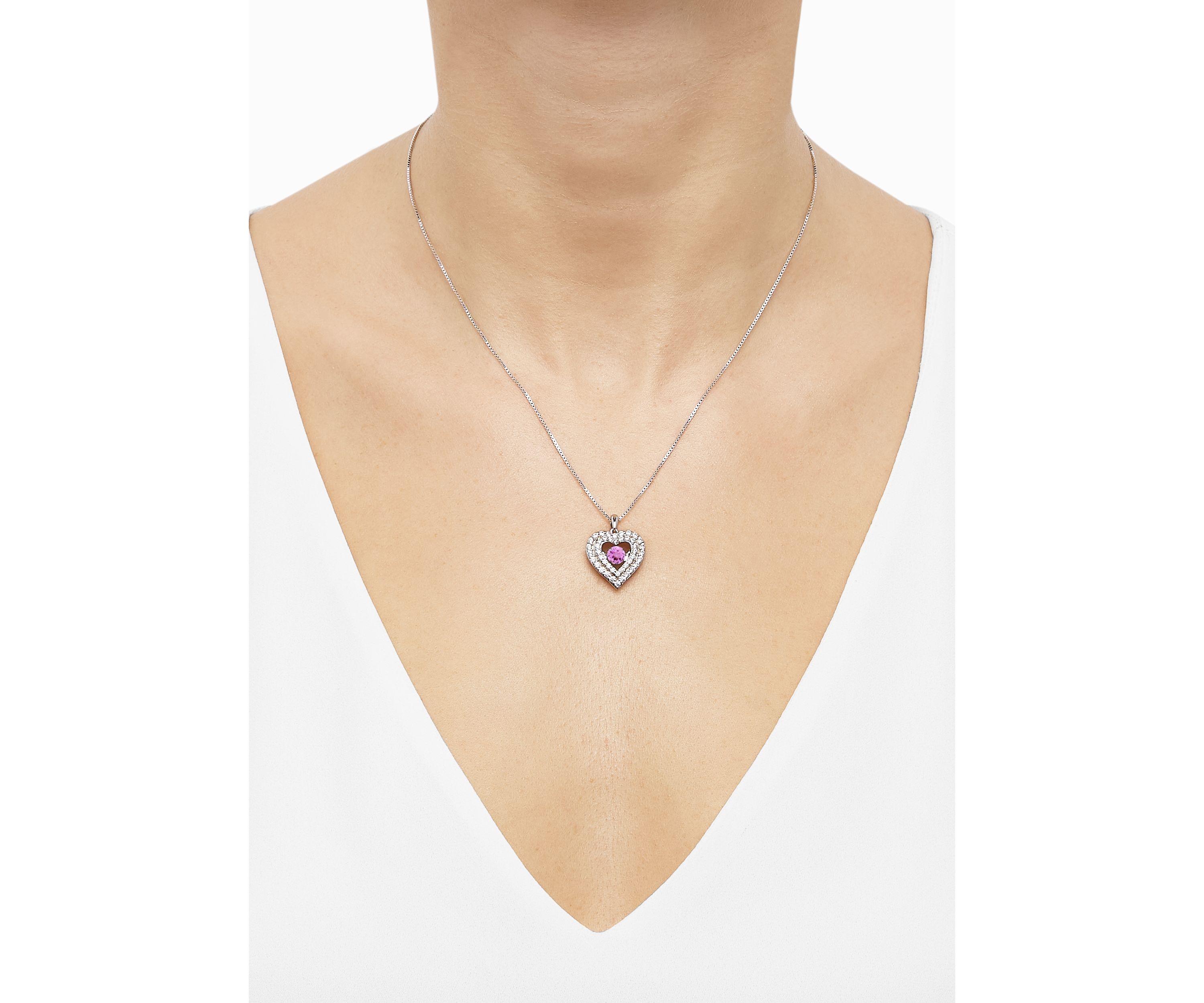 Lab Grown Pink Sapphire and Lab Grown White Sapphire Heart Pendant Necklace with 18" Cable Chain in Sterling Silver
