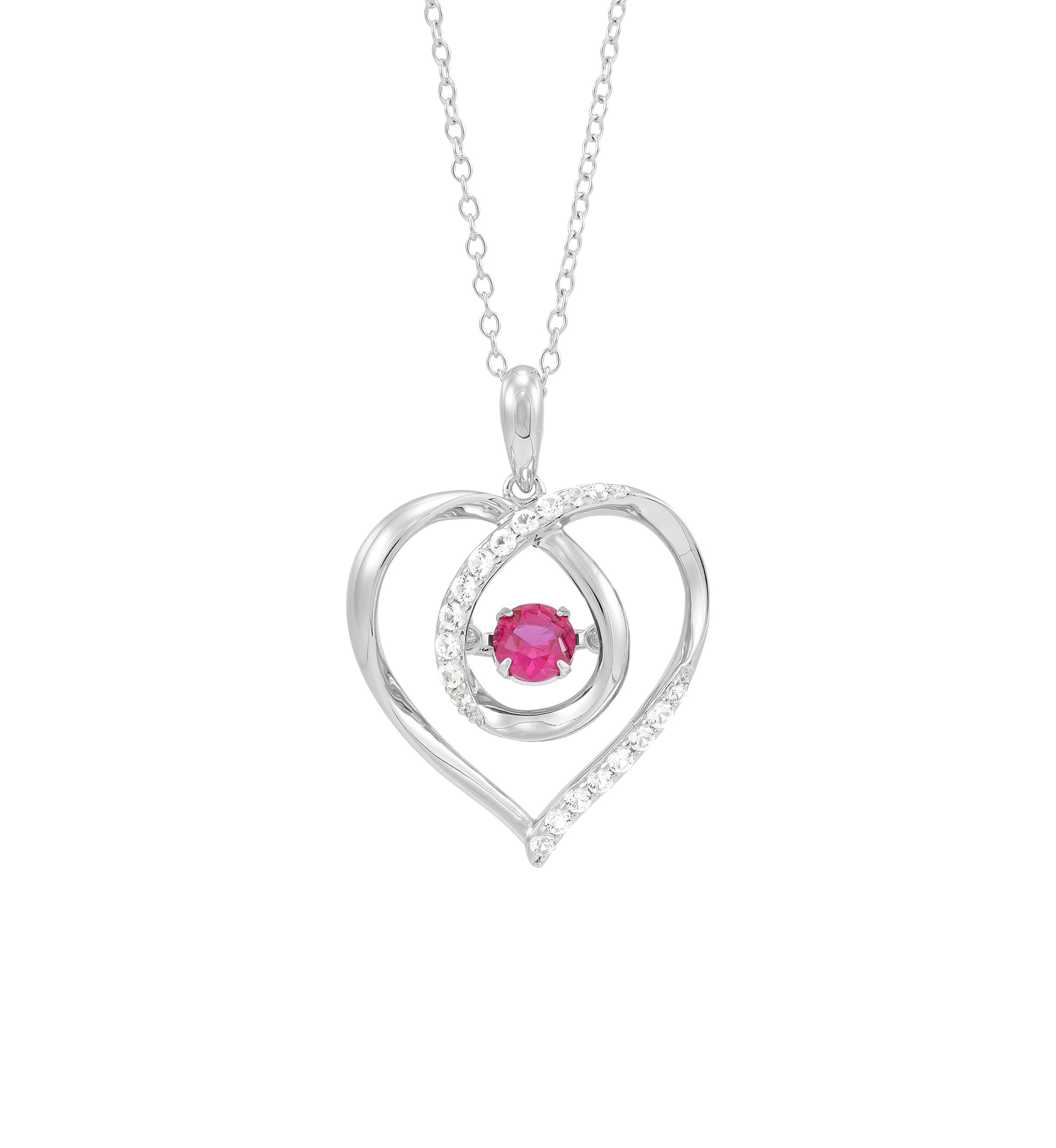 Lab Grown Ruby and Lab Grown White Sapphire Heart Pendant with 18" Cable Chain in Sterling Silver