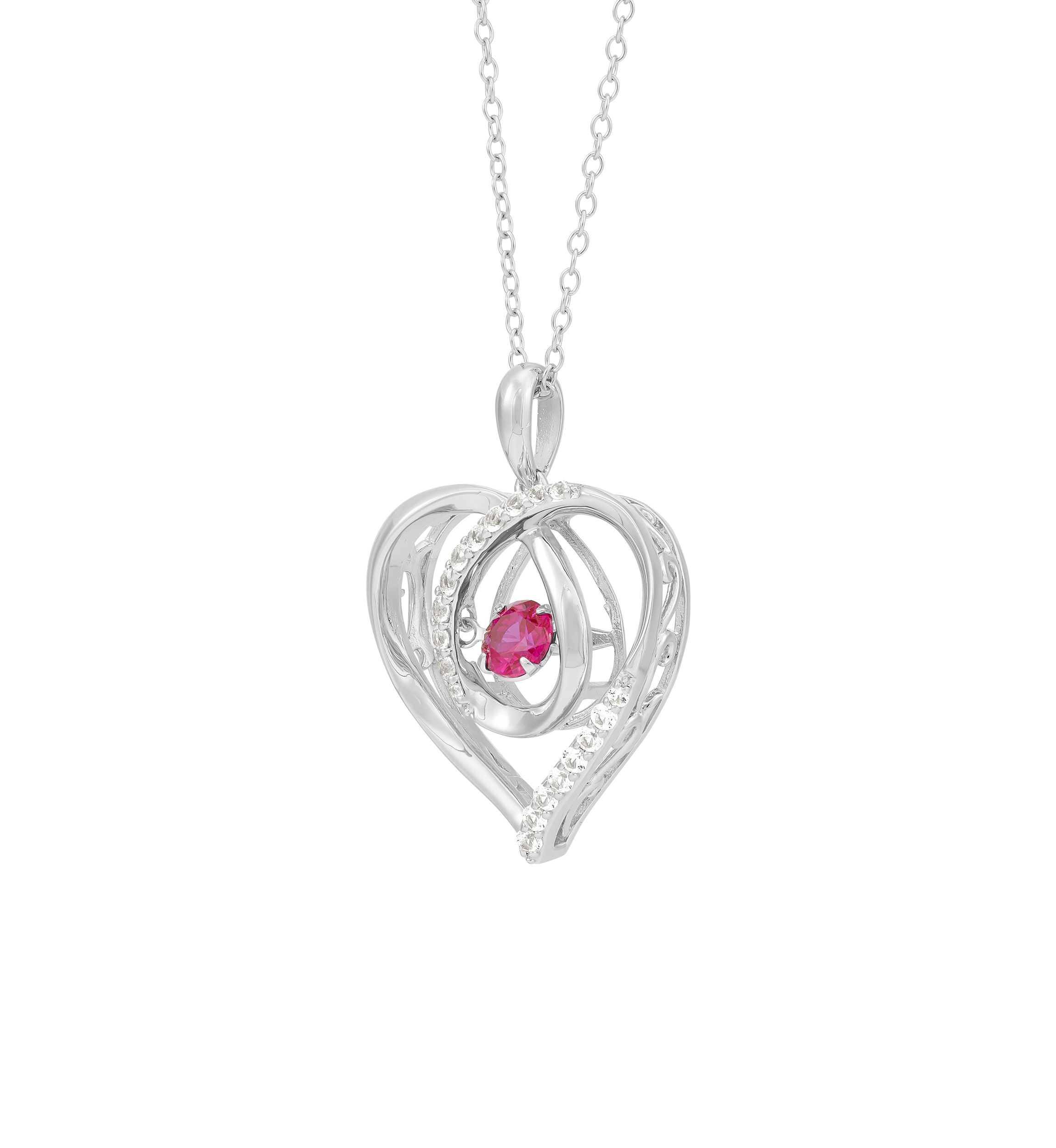 Lab Grown Ruby and Lab Grown White Sapphire Heart Pendant with 18" Cable Chain in Sterling Silver