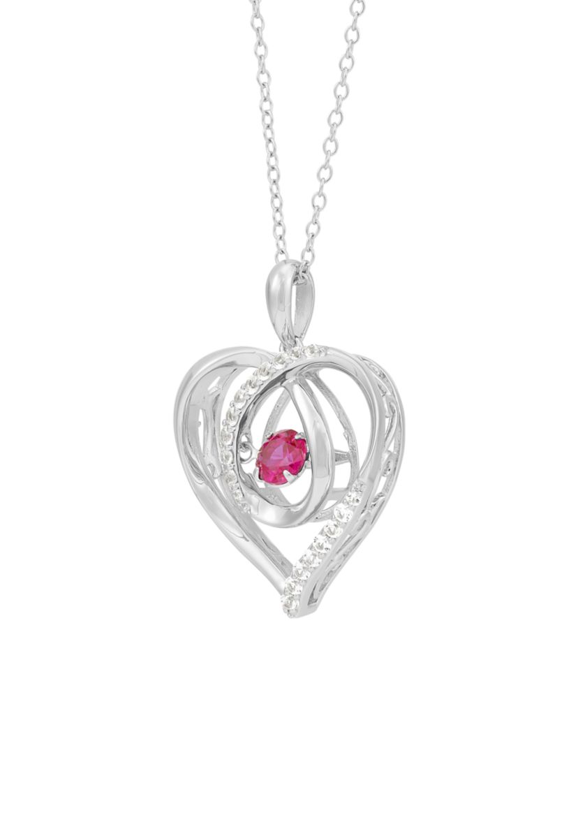 Lab Grown Ruby and Lab Grown White Sapphire Heart Pendant with 18" Cable Chain in Sterling Silver