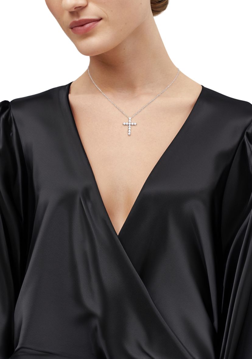 1 ct. t.w. Lab Grown Diamond Cross Pendant with 18" Rope Chain in 10K White Gold