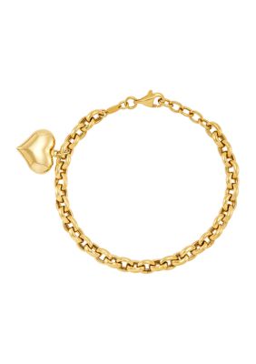 Belk & Co Sterling Silver/10K Yellow Gold Bonded Puff Heart Dangle Bracelet, Silver, 7.25