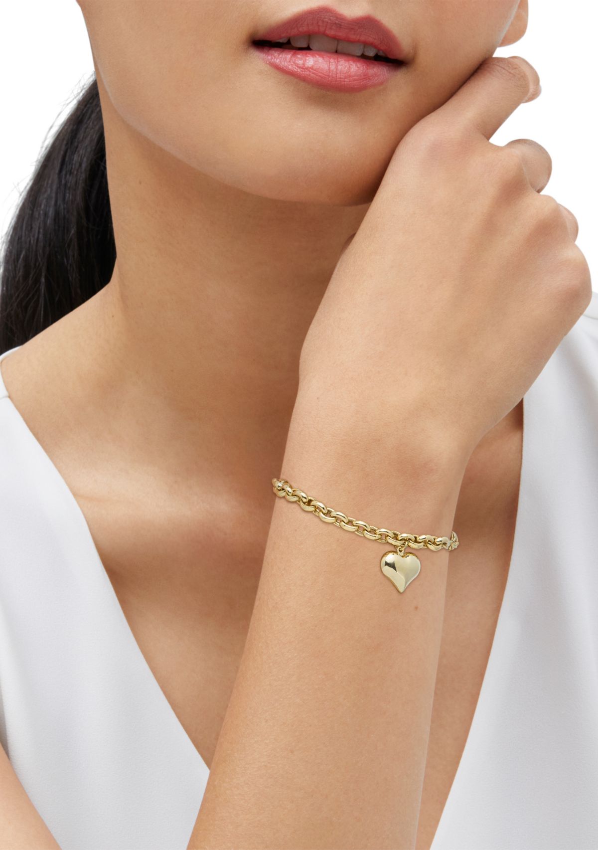 Puff Heart Dangle Bracelet in Gold Over Silver