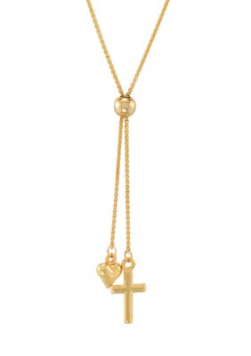 Belk & Co Rope Lariat Bead with Puff Heart and Cross Necklace in 10K Yellow Gold over Sterling Silver, 20 in
