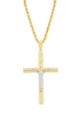 Belk & Co Sterling Silver/10K Yellow Gold Bonded Tube Cross and Crucifix Pendant with 20" Rope Chain, Silver, 20 in