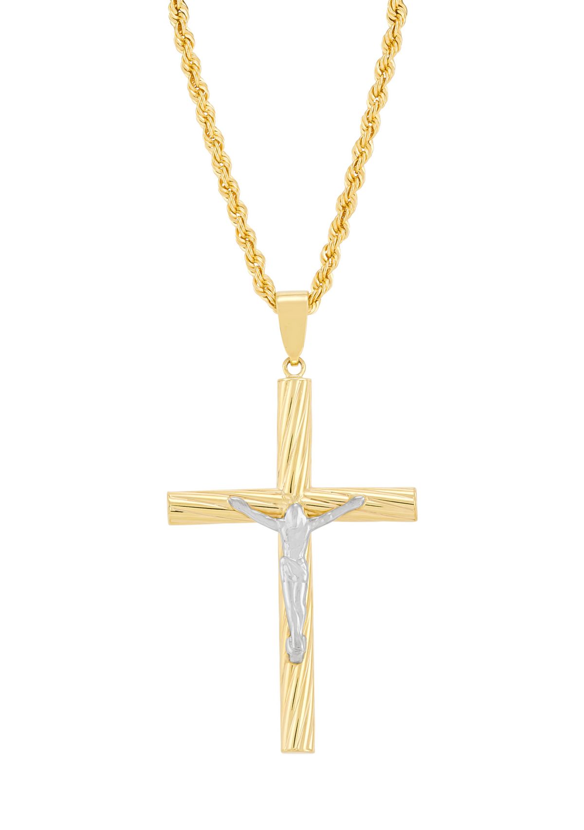 Tube Cross and Crucifix Pendant with 20" Rope Chain in Sterling Silver and 10K Yellow Gold