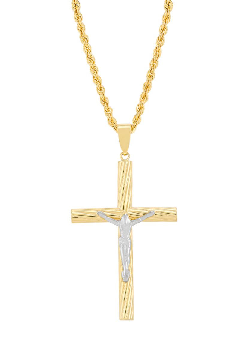 Tube Cross and Crucifix Pendant with 20" Rope Chain in Sterling Silver and 10K Yellow Gold
