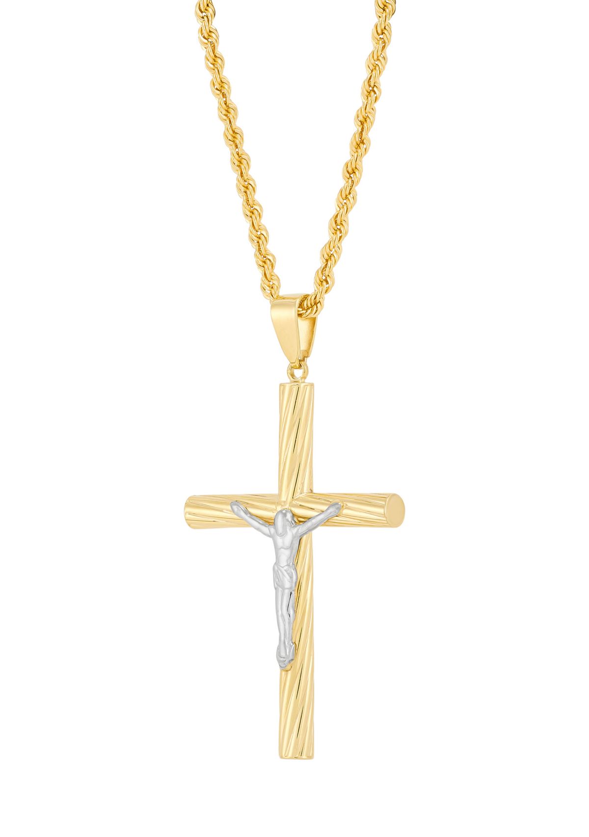 Tube Cross and Crucifix Pendant with 20" Rope Chain in Sterling Silver and 10K Yellow Gold