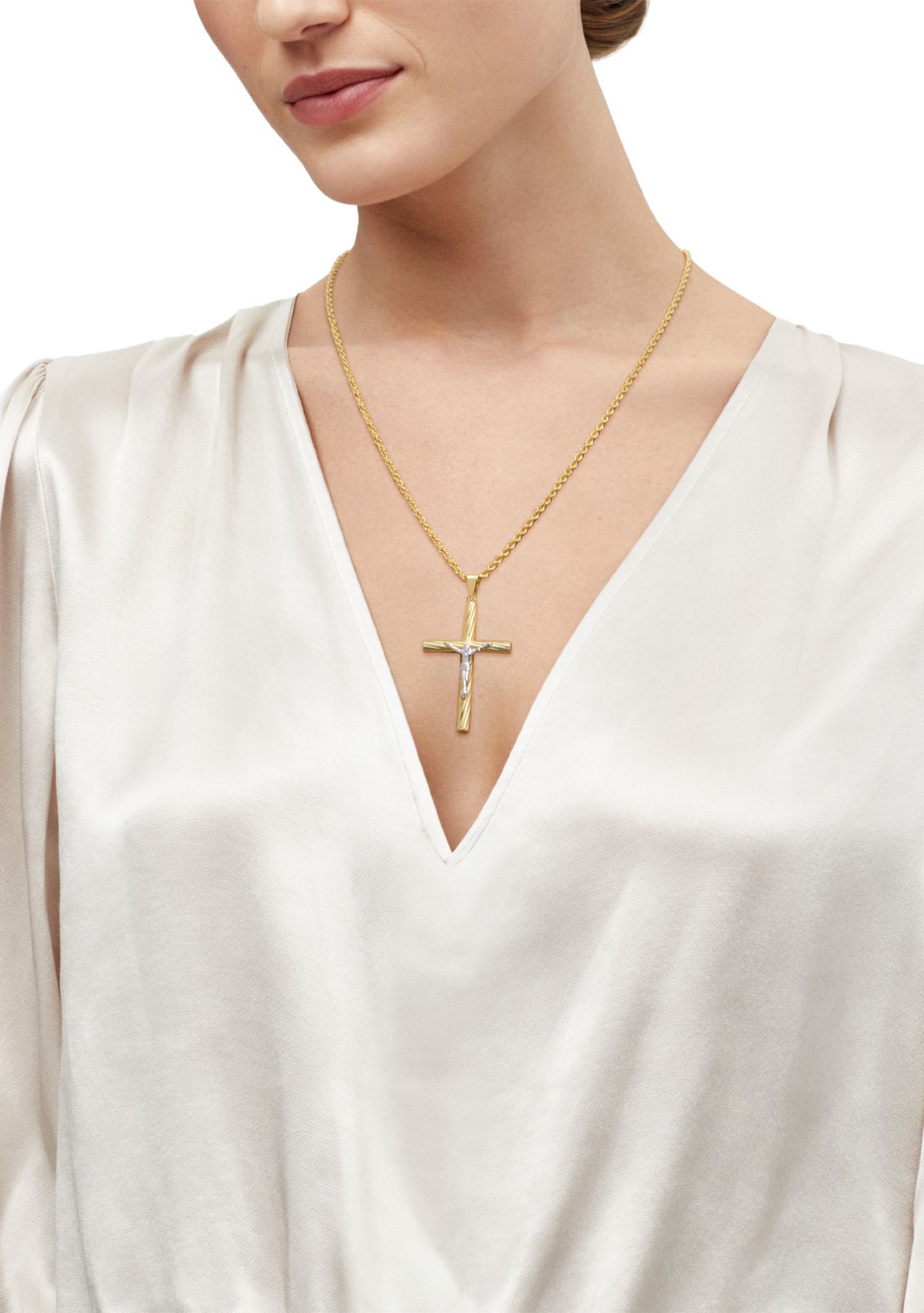 Tube Cross and Crucifix Pendant with 20" Rope Chain in Sterling Silver and 10K Yellow Gold