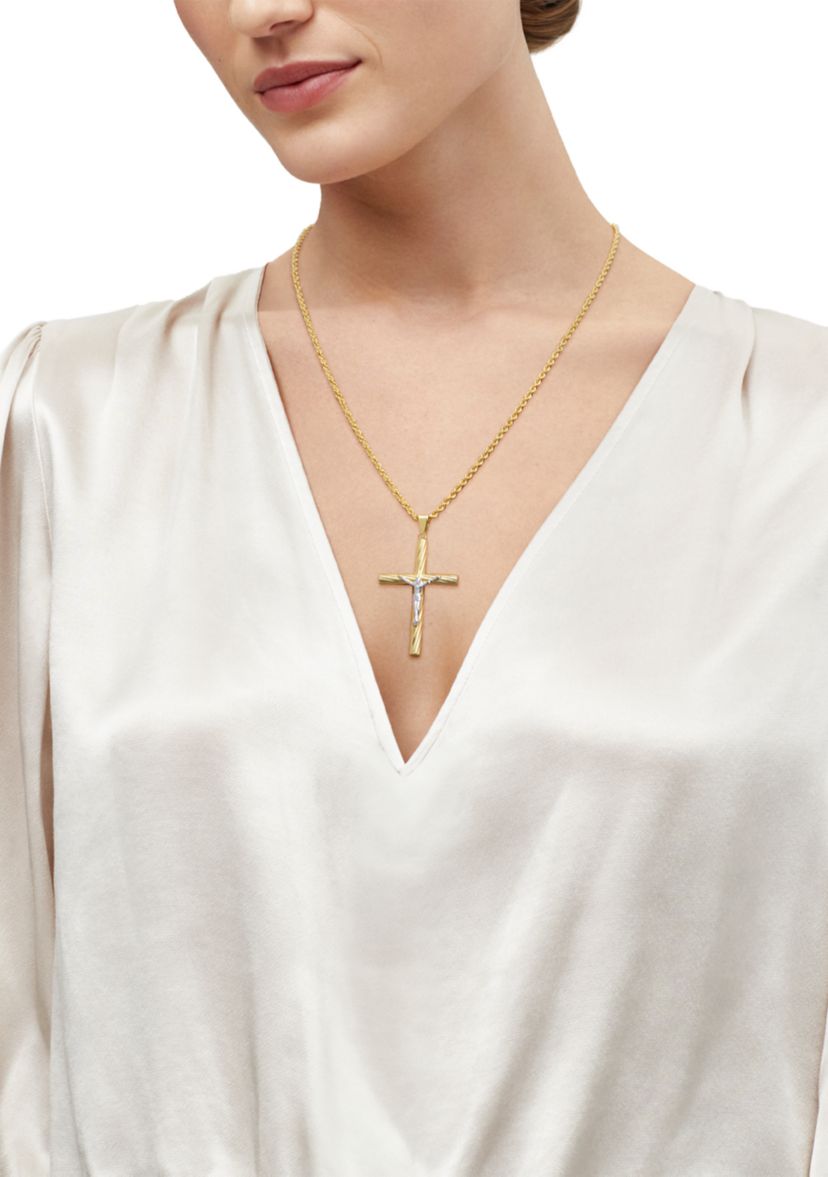 Tube Cross and Crucifix Pendant with 20" Rope Chain in Sterling Silver and 10K Yellow Gold