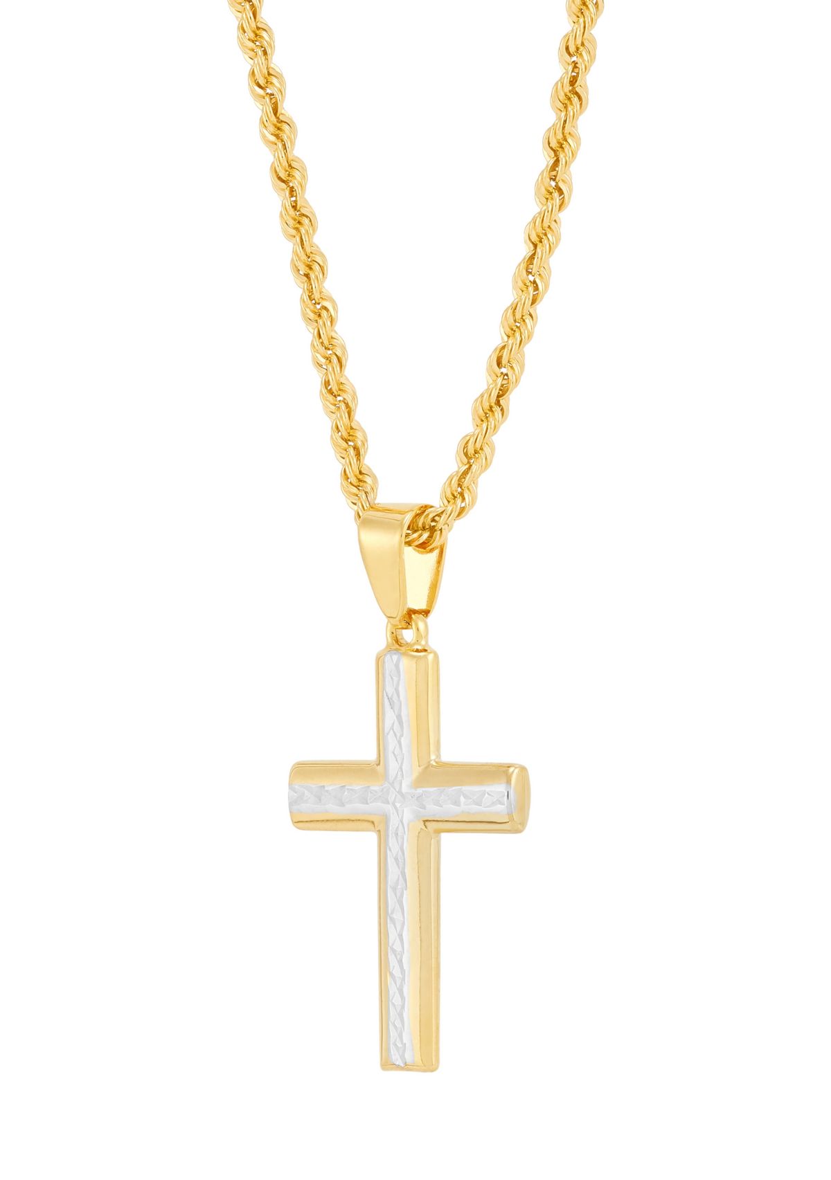 Cross Pendant with 20" Rope Chain in Gold Over Silver