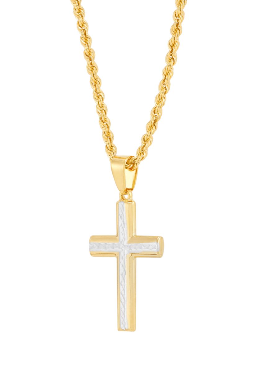 Cross Pendant with 20" Rope Chain in Gold Over Silver