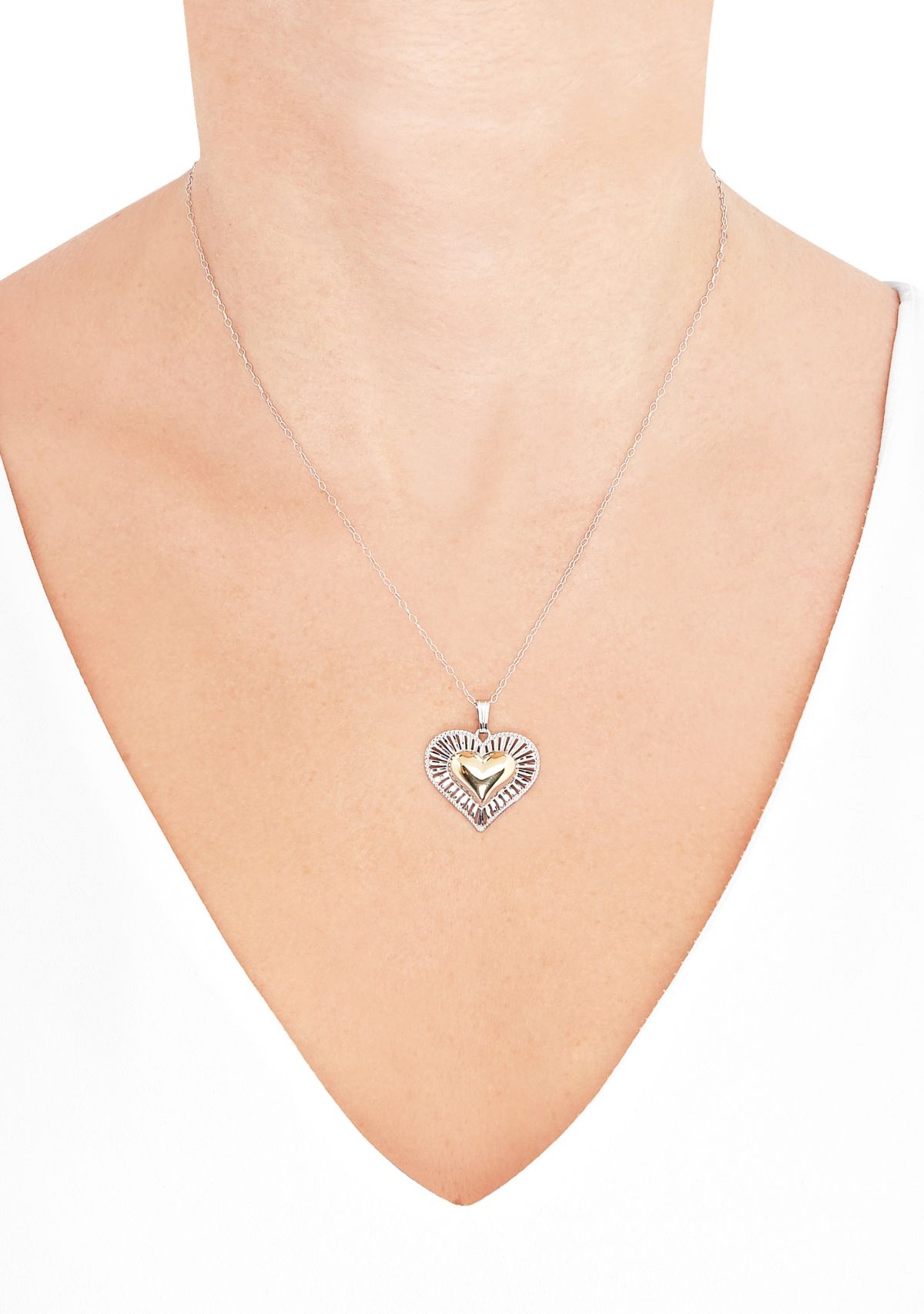 Double Heart Pendant with 18" Cable Chain Necklace in Sterling Silver and 10K Yellow Gold