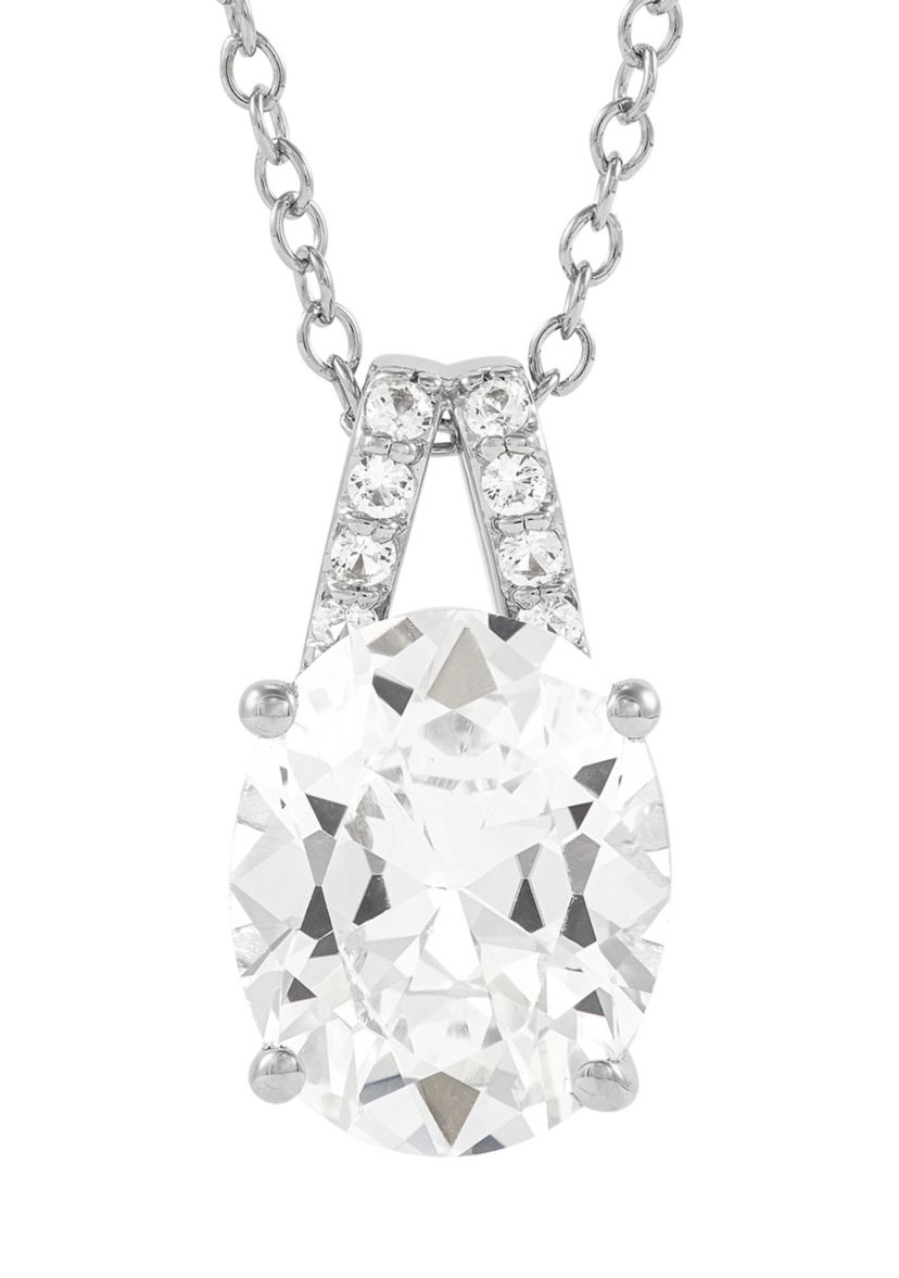 Lab Grown White Sapphire Pendant with 18" Cable Chain and Stud Earrings Set in Sterling Silver