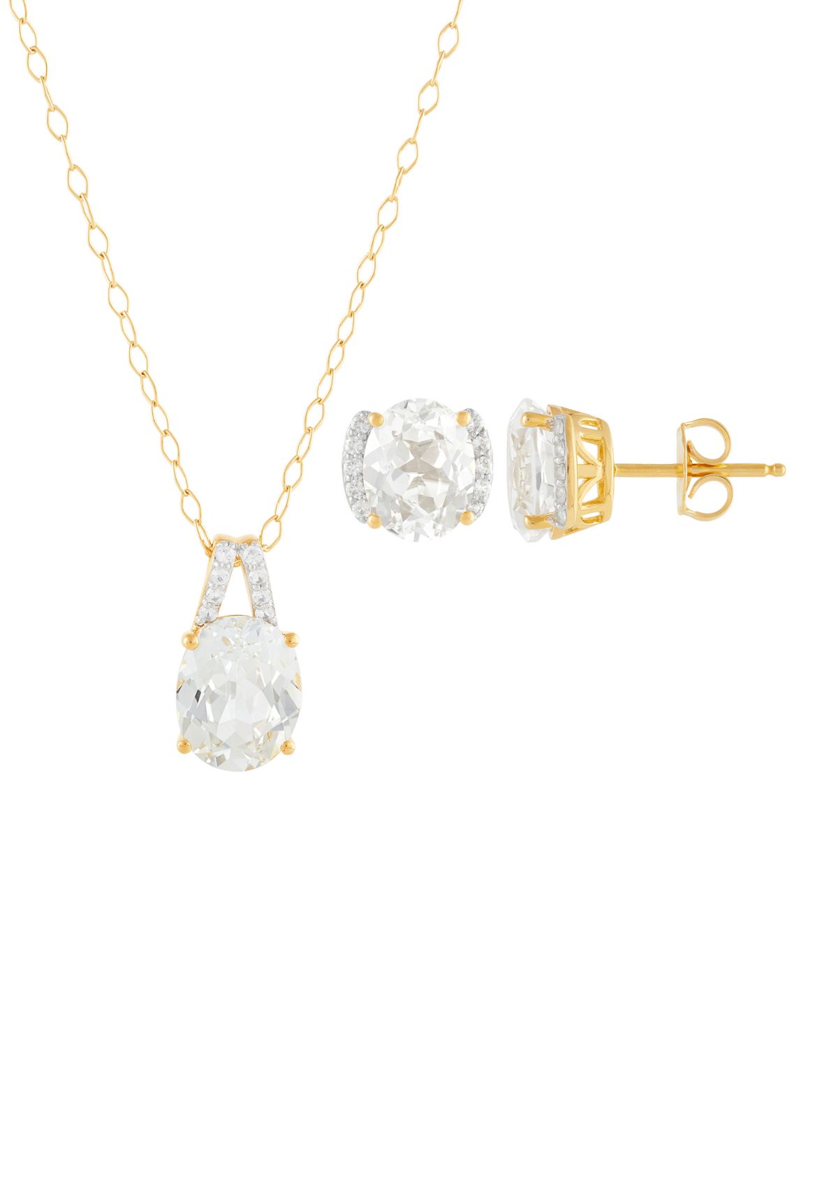 Lab Grown White Sapphire Pendant Necklace with 18" Cable Chain and Stud Earrings Set in Gold Over Sterling Silver