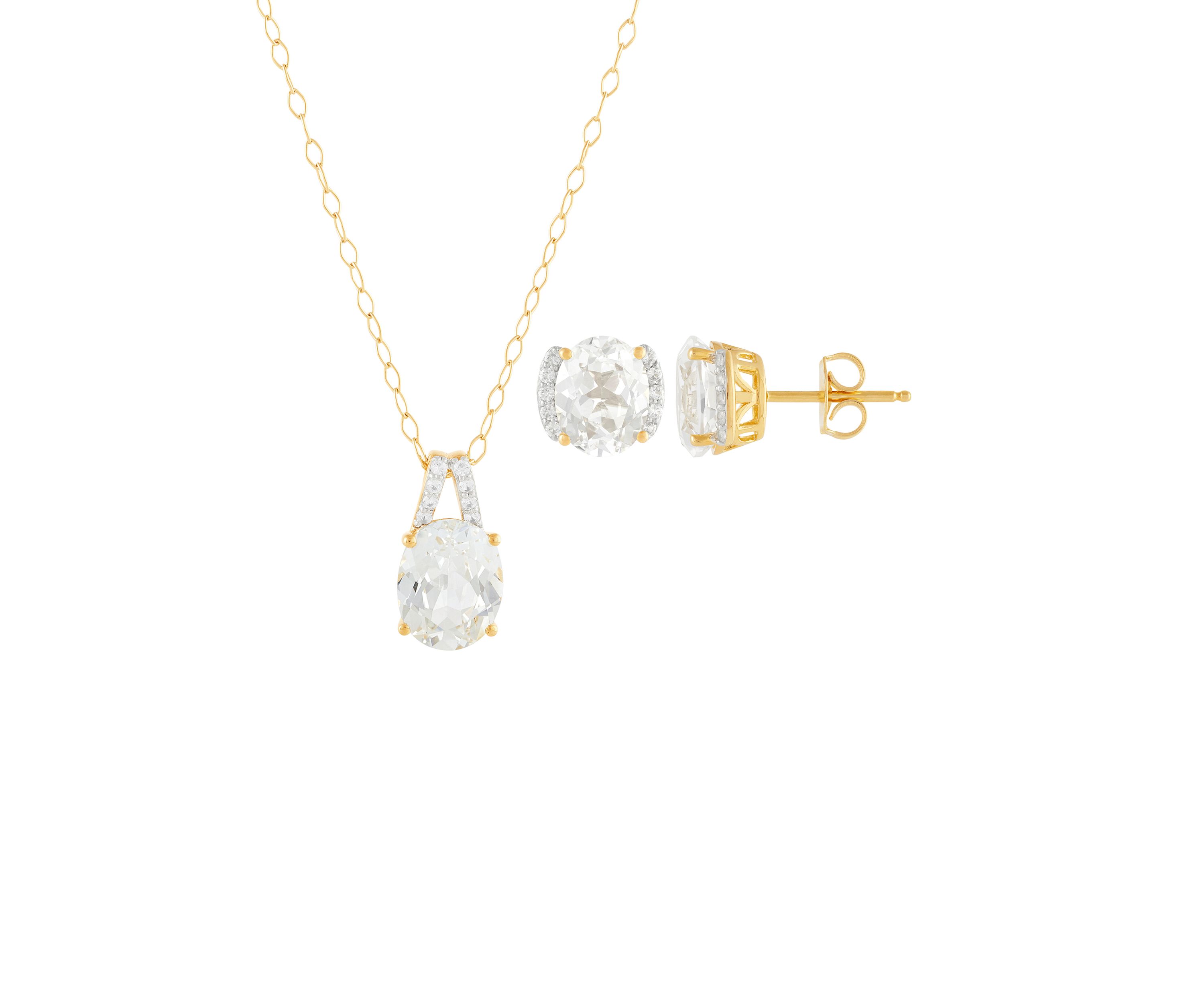 Lab Grown White Sapphire Pendant Necklace with 18" Cable Chain and Stud Earrings Set in Gold Over Sterling Silver