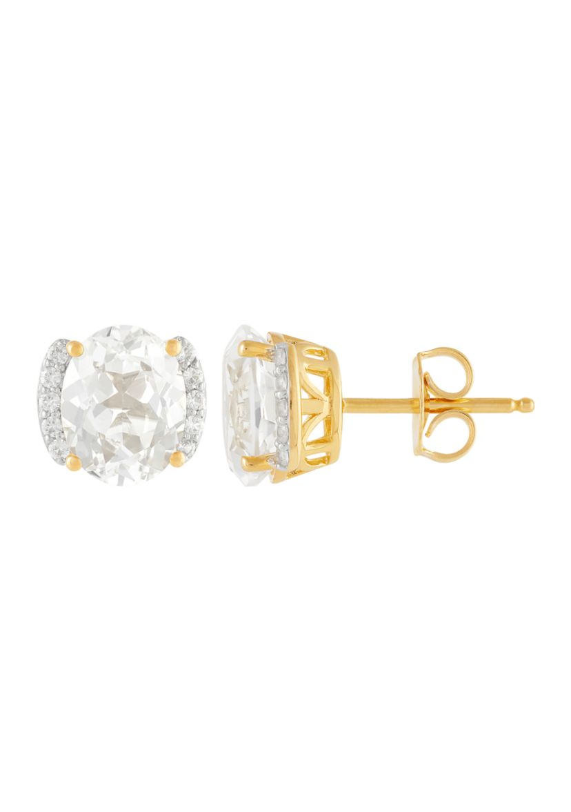 Lab Grown White Sapphire Pendant Necklace with 18" Cable Chain and Stud Earrings Set in Gold Over Sterling Silver