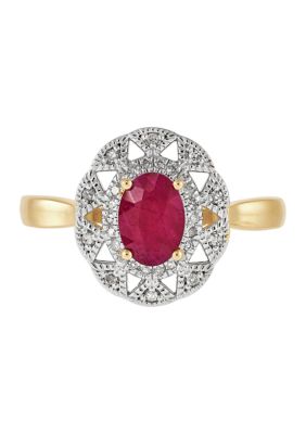 Belk & Co 1/10 Ct. T.w. Diamond And Ruby Oval Ring In 10K Yellow Gold