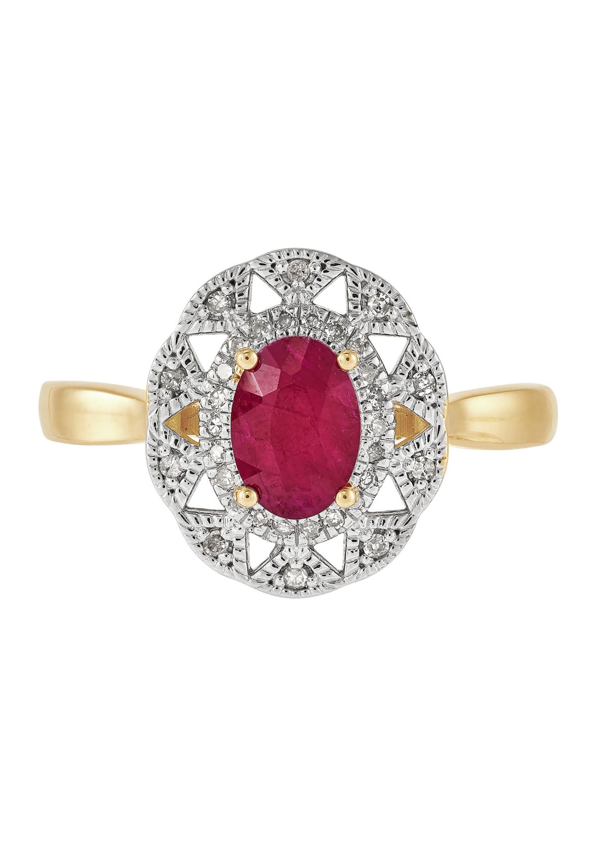 1/10 ct. t.w. Diamond and Ruby Oval Ring in 10K Yellow Gold