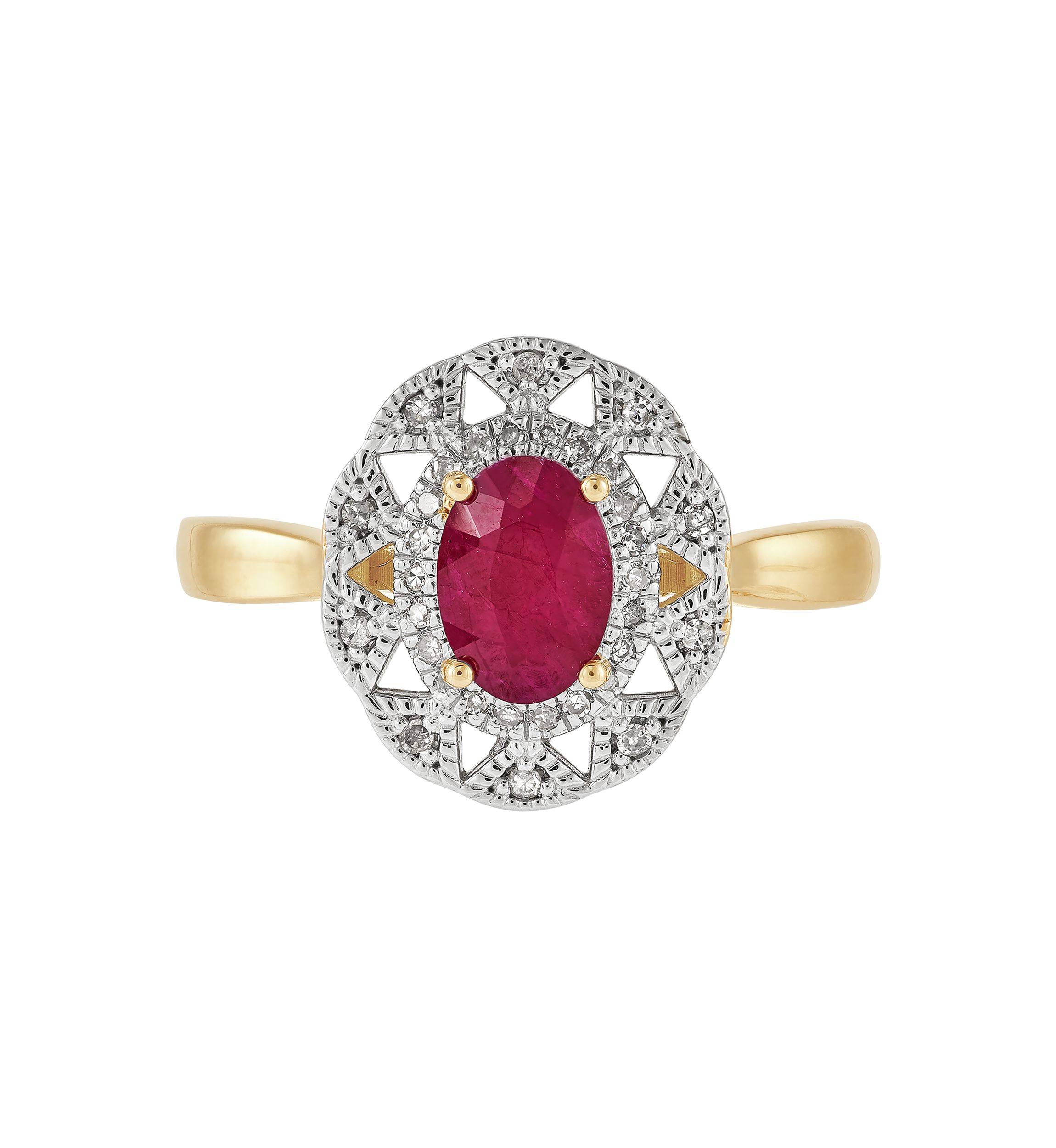 1/10 ct. t.w. Diamond and Ruby Oval Ring in 10K Yellow Gold