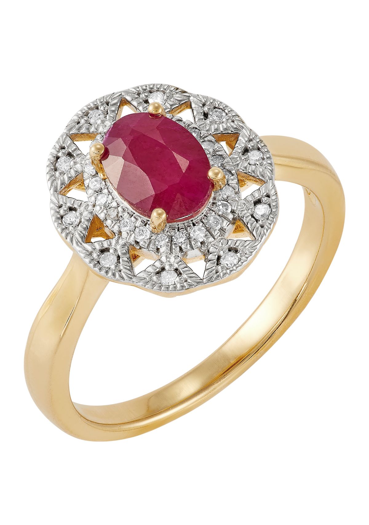 1/10 ct. t.w. Diamond and Ruby Oval Ring in 10K Yellow Gold