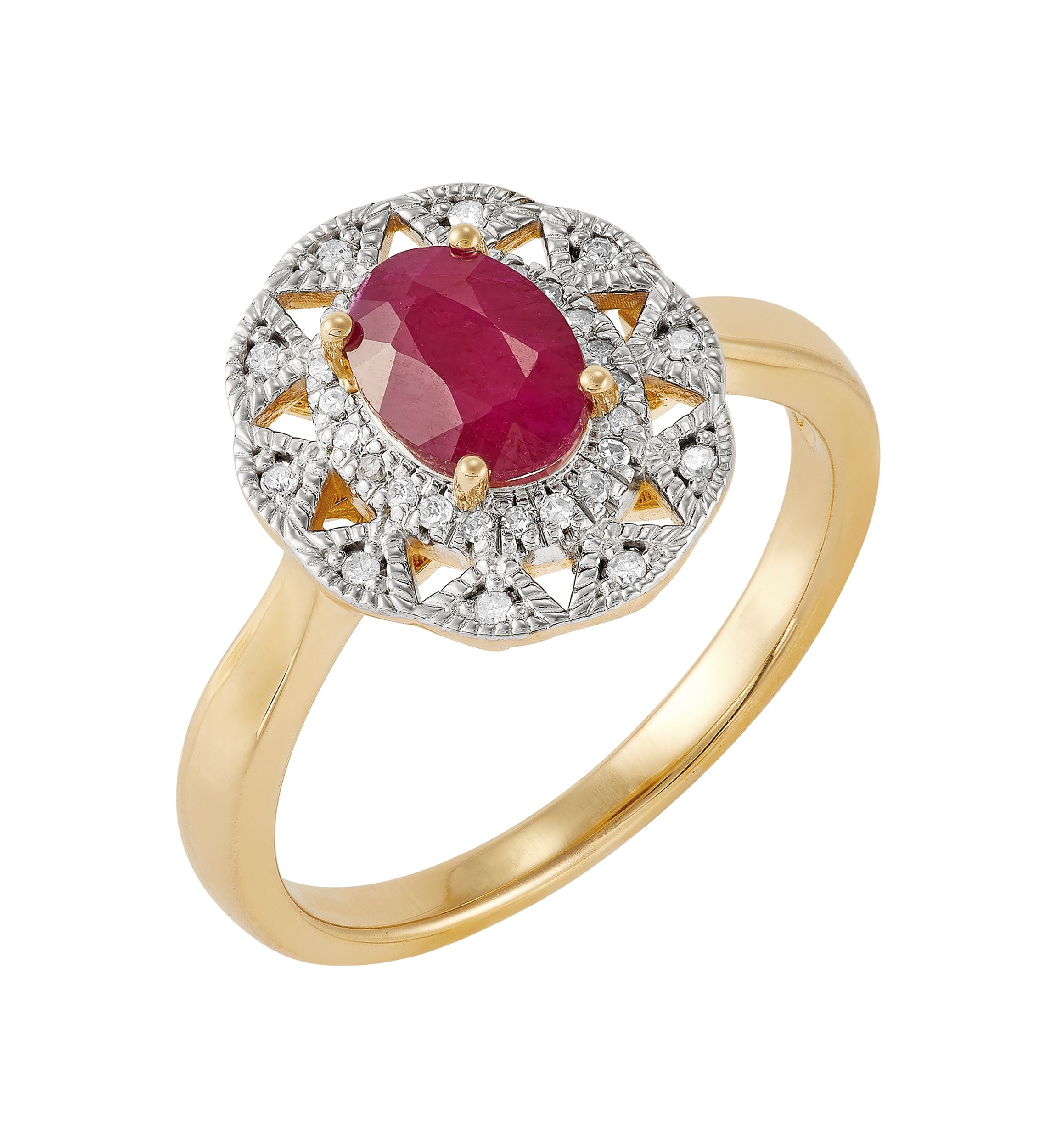 1/10 ct. t.w. Diamond and Ruby Oval Ring in 10K Yellow Gold