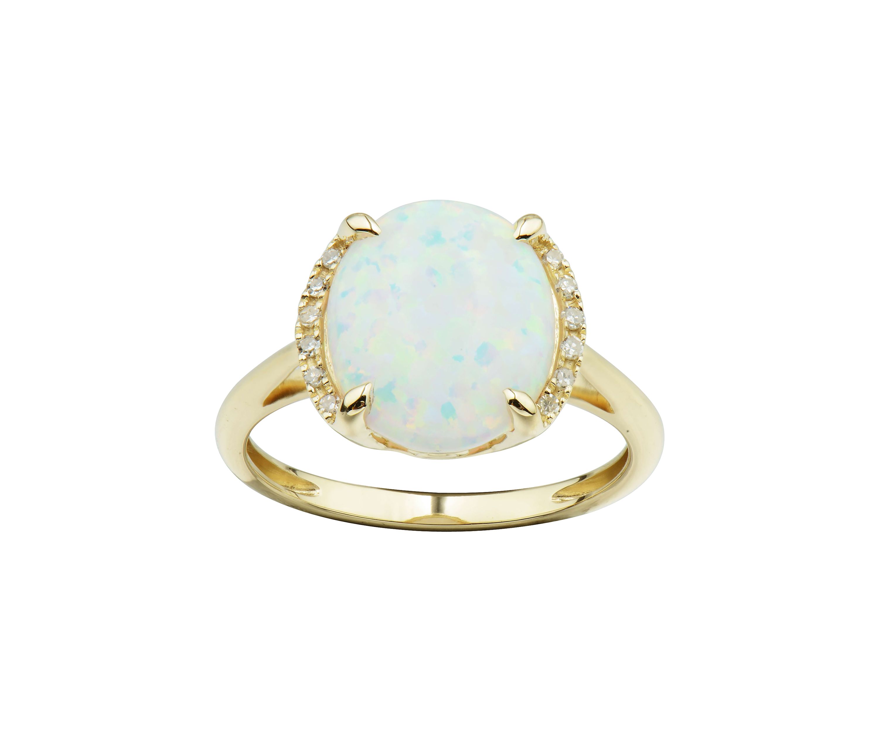 1/10 ct. t.w. Diamond and Lab Created Opal Oval Ring in 10K Yellow Gold