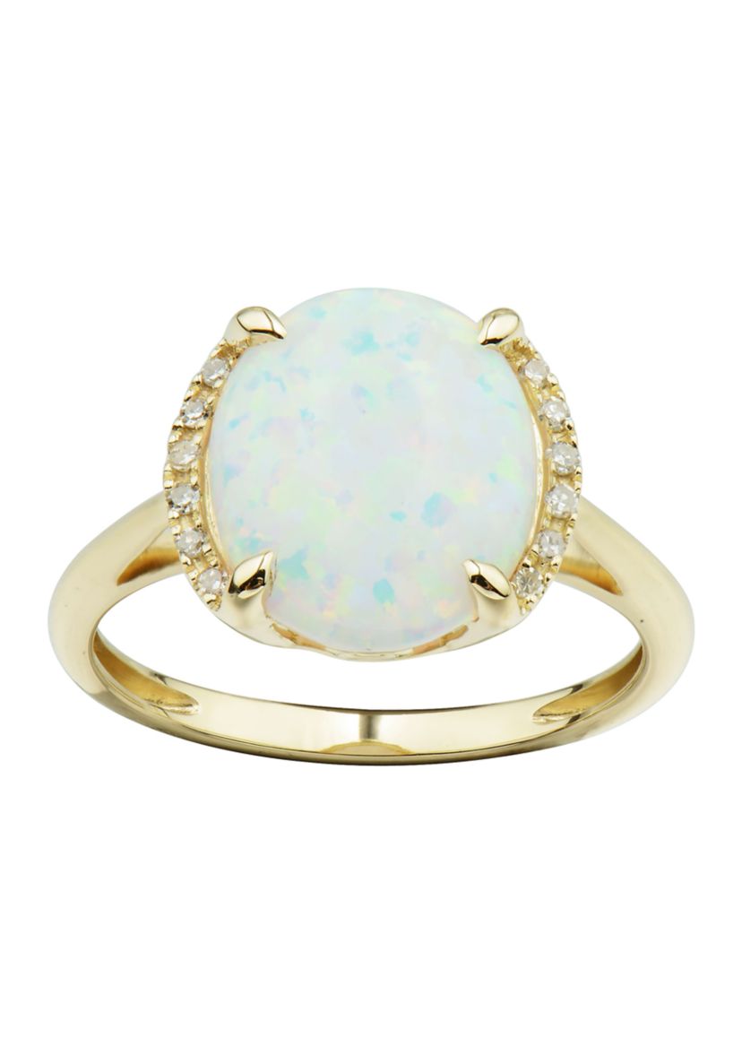 1/10 ct. t.w. Diamond and Lab Created Opal Oval Ring in 10K Yellow Gold
