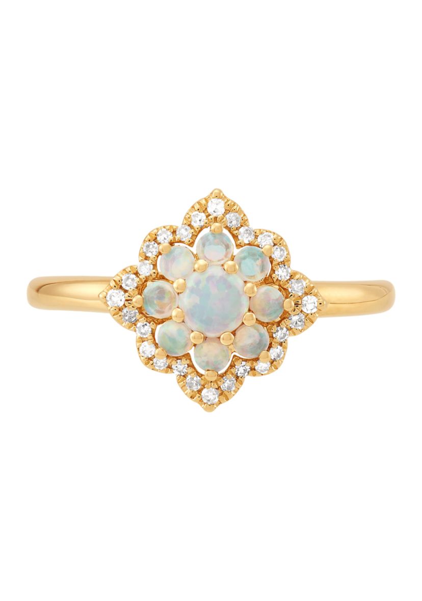 1/10 ct. t.w. Lab Grown Opal and Lab Grown Diamond Ring in 10K Yellow Gold