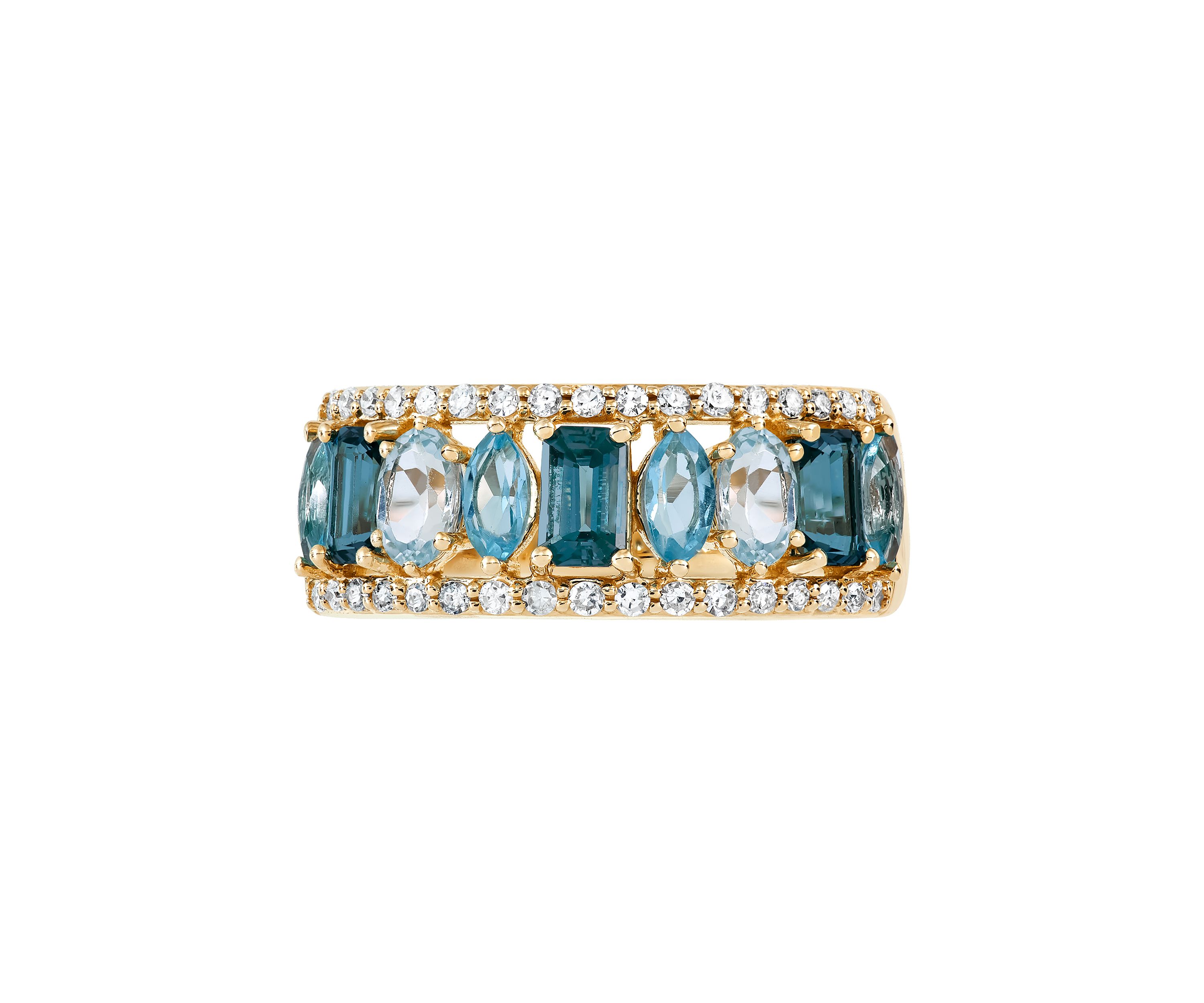 2.35 ct. t.w. Multi Blue Topaz and 1/4 ct. t.w. Diamond Band Ring in 10K Yellow Gold