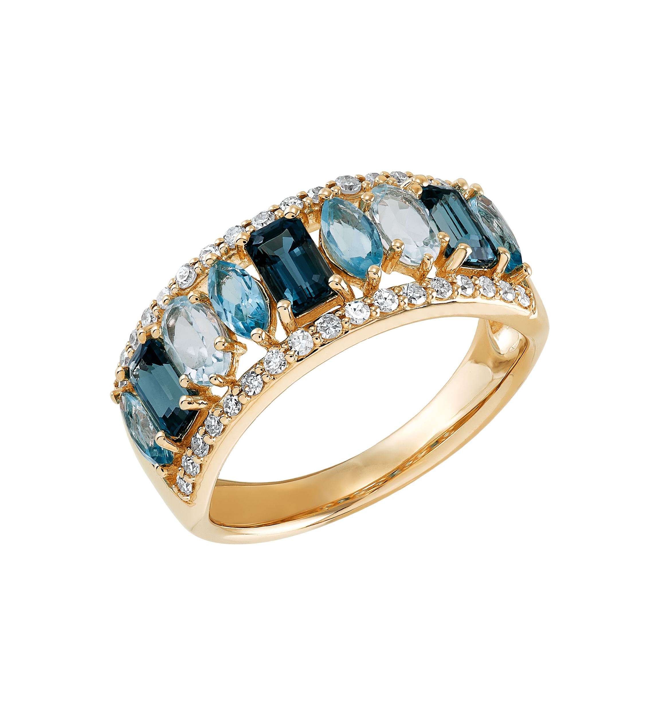 2.35 ct. t.w. Multi Blue Topaz and 1/4 ct. t.w. Diamond Band Ring in 10K Yellow Gold