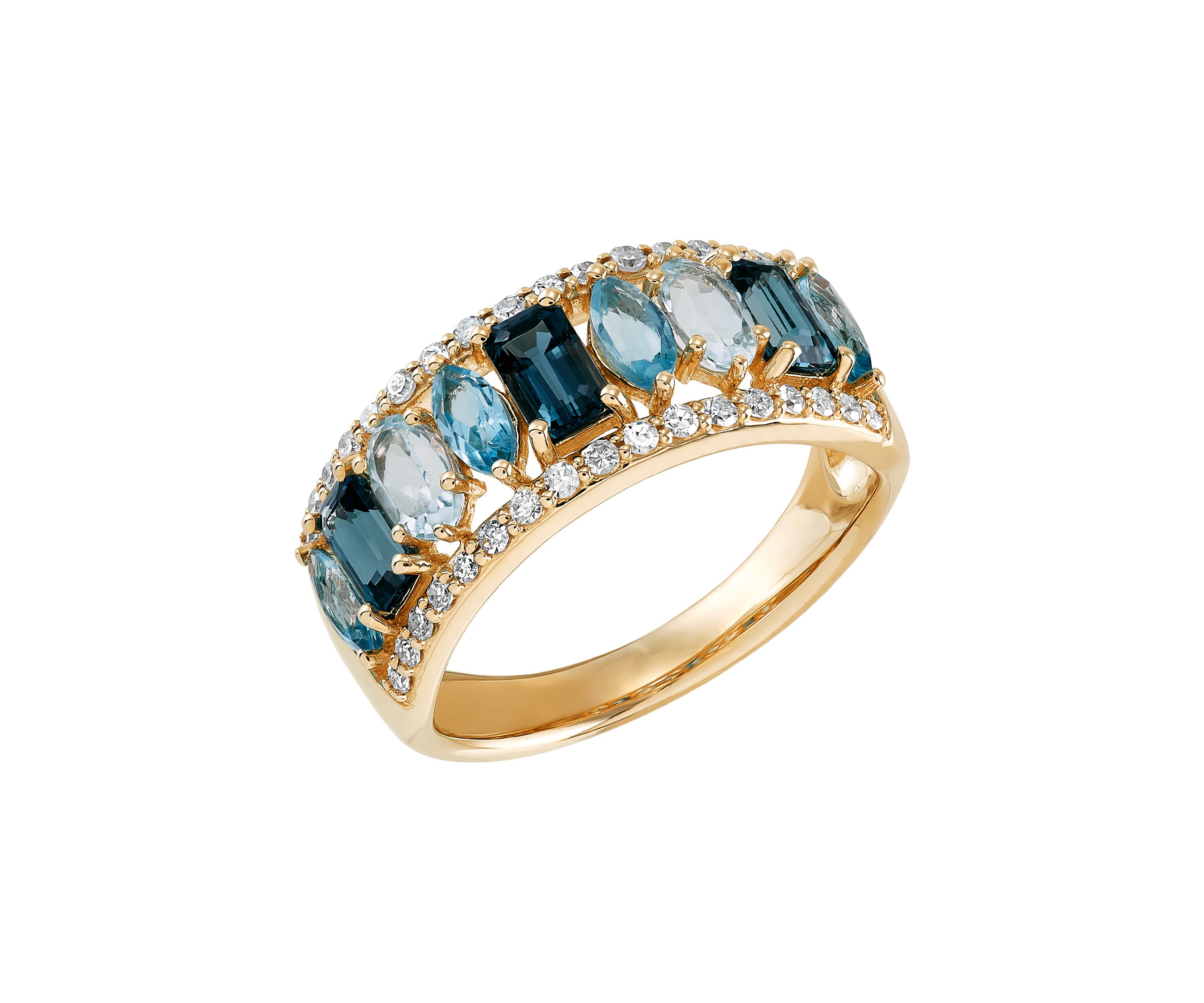 2.35 ct. t.w. Multi Blue Topaz and 1/4 ct. t.w. Diamond Band Ring in 10K Yellow Gold