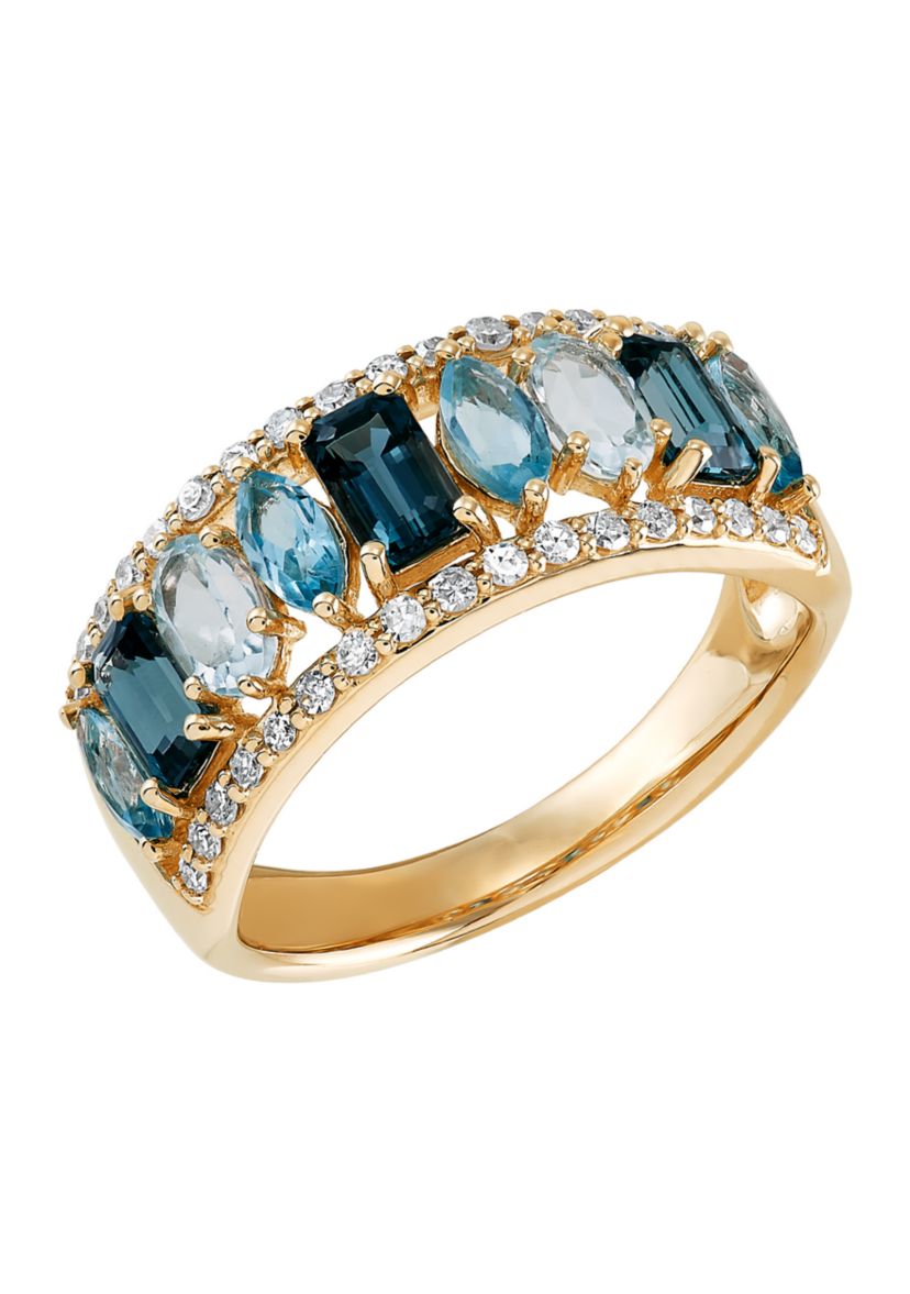 2.35 ct. t.w. Multi Blue Topaz and 1/4 ct. t.w. Diamond Band Ring in 10K Yellow Gold
