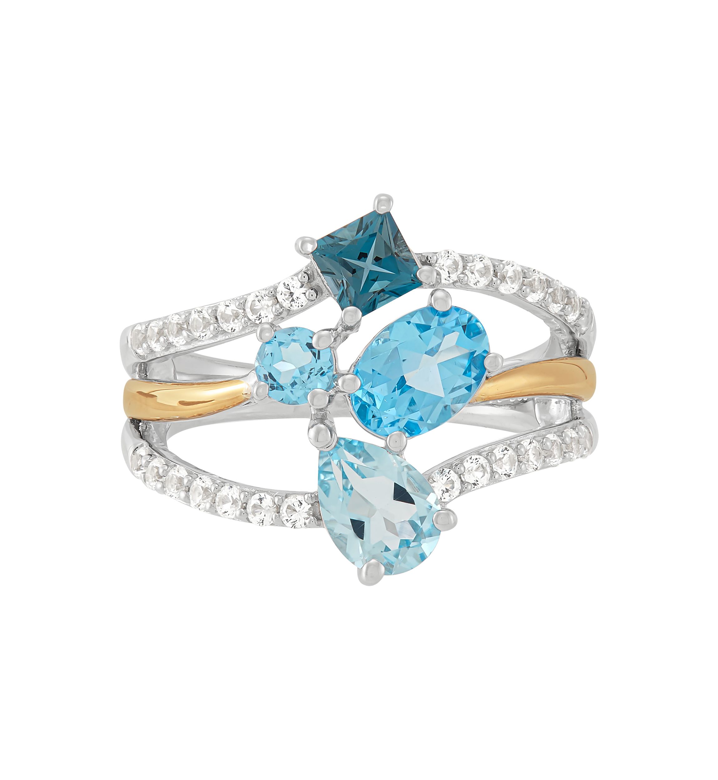 Multi Row Blue Topaz and Lab-Grown White Sapphire Ring in Silver and 10K Yellow Gold