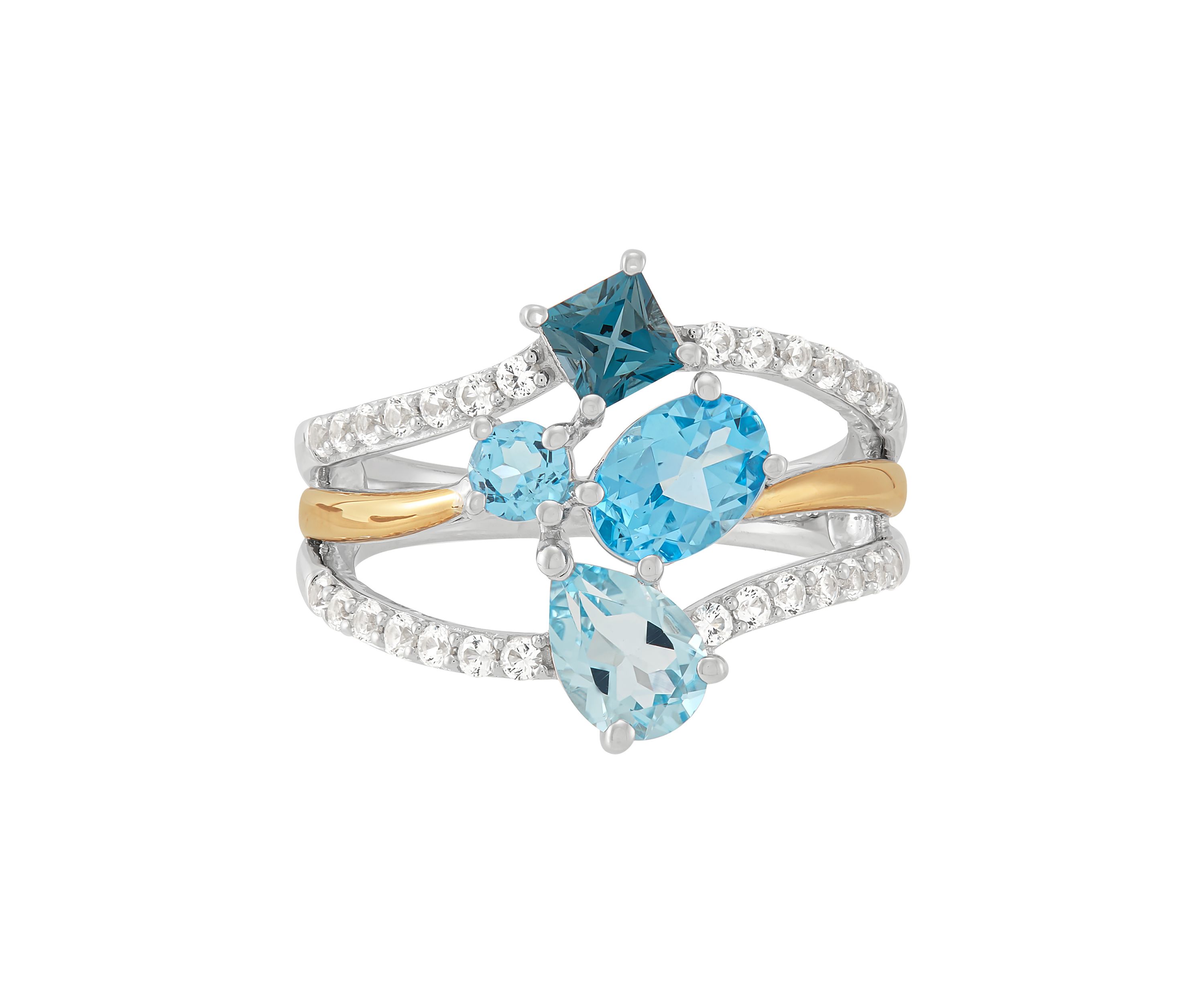 Multi Row Blue Topaz and Lab-Grown White Sapphire Ring in Silver and 10K Yellow Gold
