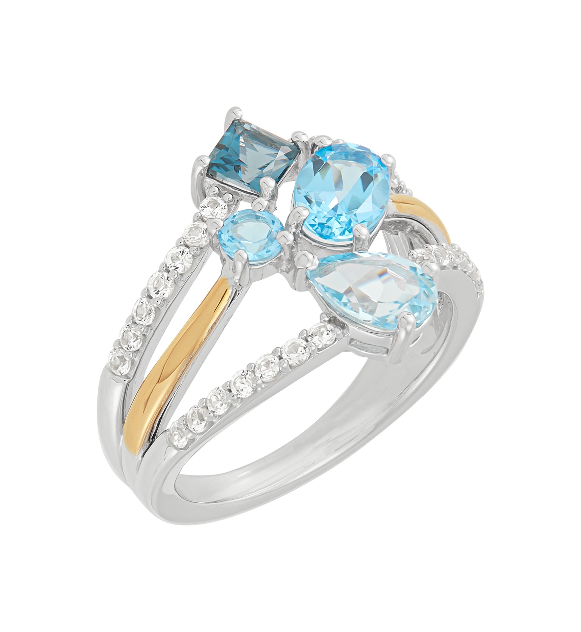 Multi Row Blue Topaz and Lab-Grown White Sapphire Ring in Silver and 10K Yellow Gold