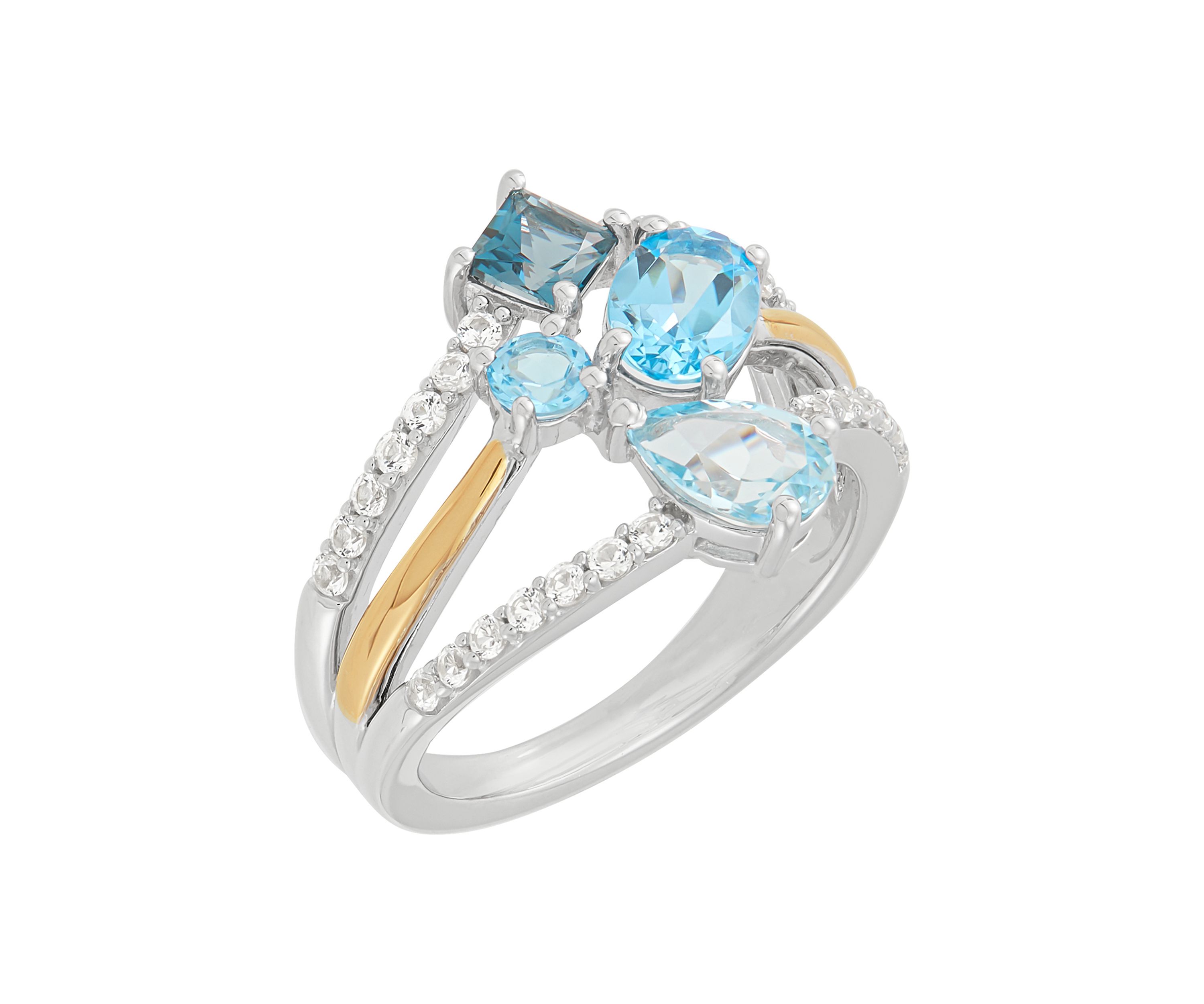 Multi Row Blue Topaz and Lab-Grown White Sapphire Ring in Silver and 10K Yellow Gold