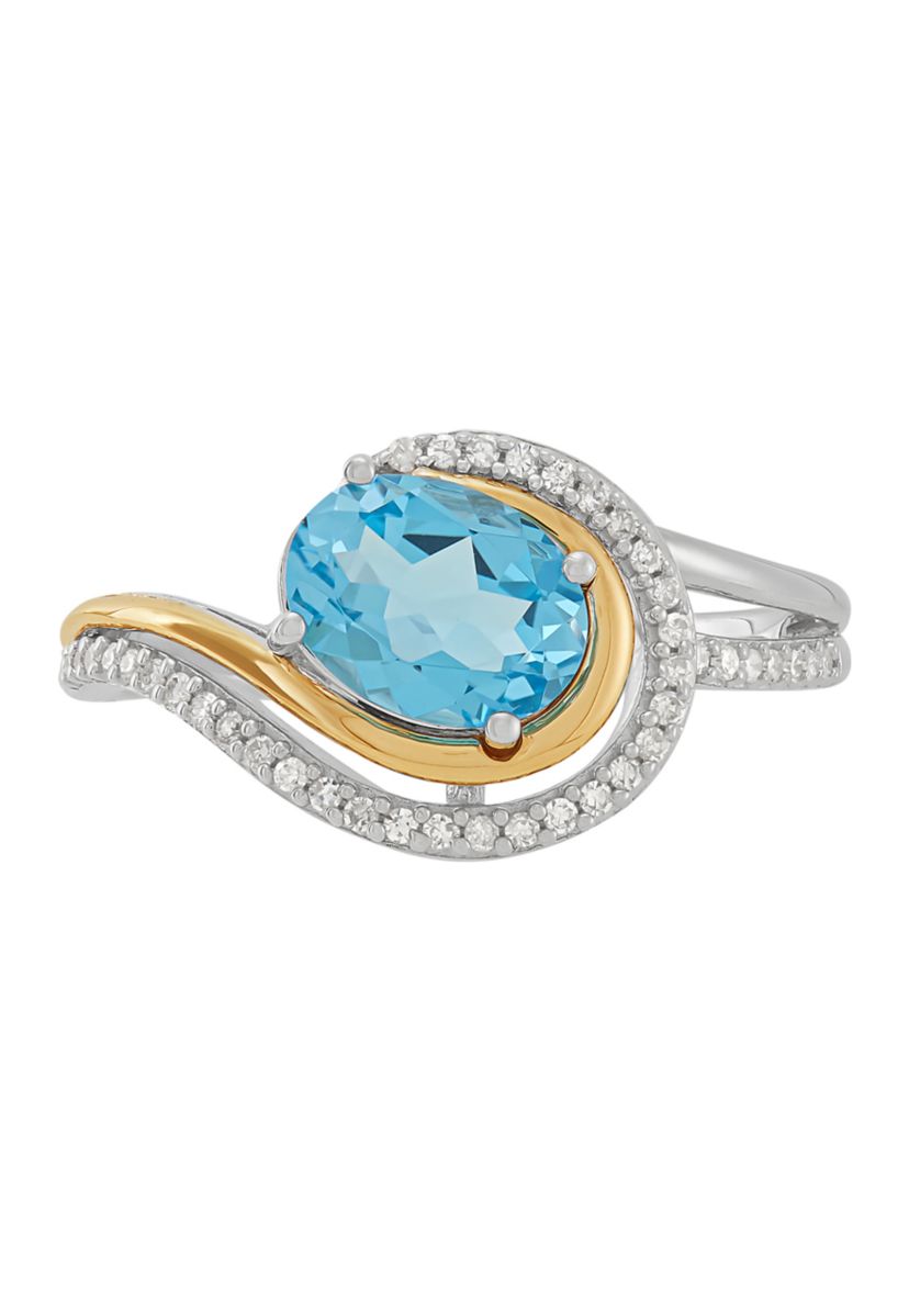 1/8 ct. t.w. Diamond and Swiss Blue Topaz Ring in Two Tone Metal