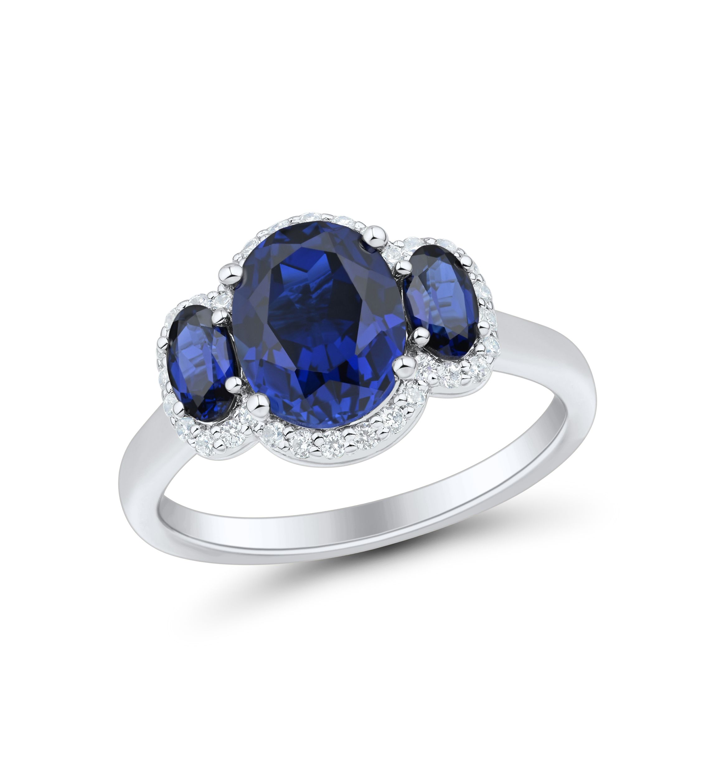 Lab Grown 3 Stones Sapphire and 1/5 ct. t.w. Lab Grown Diamond Ring in Sterling Silver