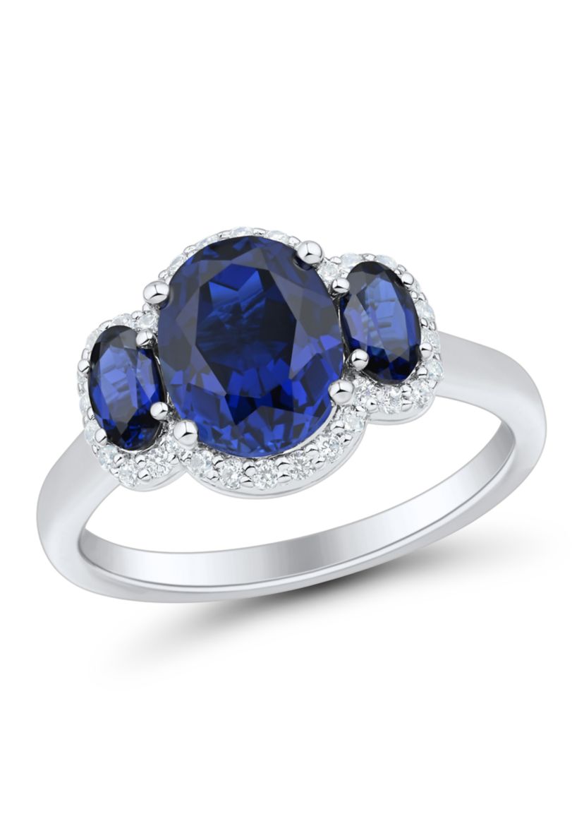 Lab Grown 3 Stones Sapphire and 1/5 ct. t.w. Lab Grown Diamond Ring in Sterling Silver