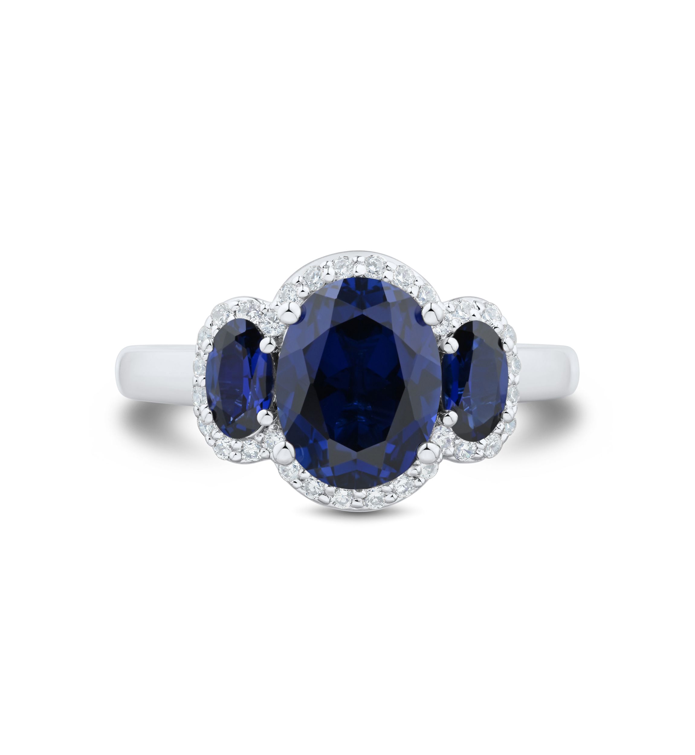 Lab Grown 3 Stones Sapphire and 1/5 ct. t.w. Lab Grown Diamond Ring in Sterling Silver